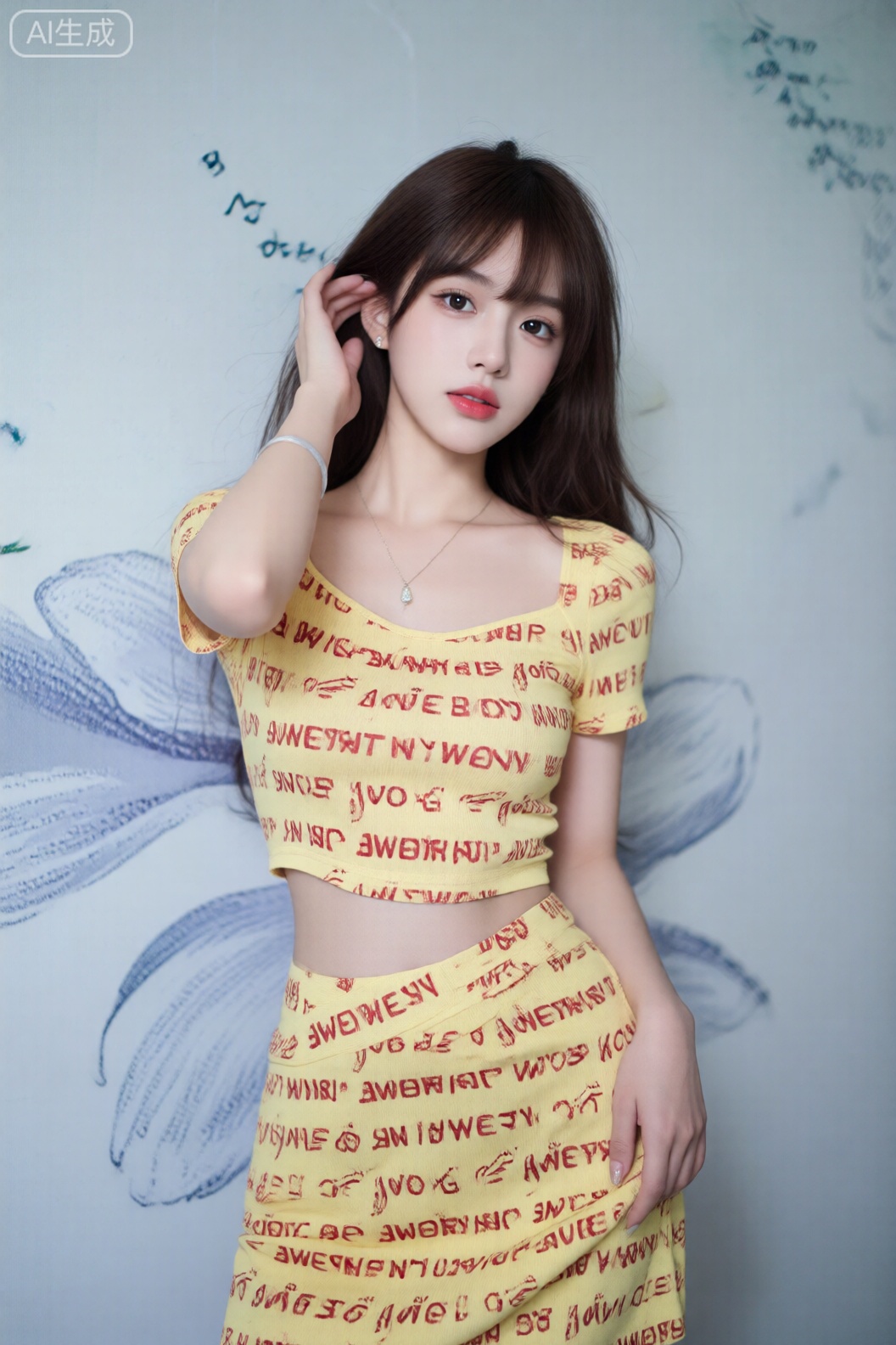 这是一张现代风格的高分辨率肖像照片,以一位年轻女子为特色。她穿着一件黄色的露脐连衣裙,上面印着红色的英文字母。她的头发松散地垂在肩上,一只手放在耳朵附近,另一只手垂在身体两侧。她平静地直视着镜头。她看起来二三十岁,身材苗条,皮肤白皙。她棕色的头发自由地垂在背上,没有刘海。背景现在是一堵柔和的淡蓝色墙壁,上面装饰着抽象的白线艺术和微妙的花卉图案,营造出清新通风的氛围,与她的服装和表情相得益彰。,