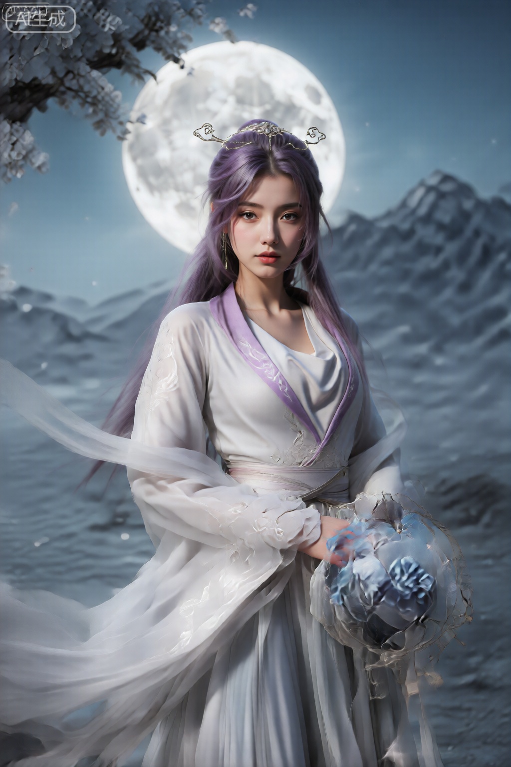 。少女细腻白皙的皮肤,看着镜头,海边,夕阳,从头到膝盖的照片,,,,云霄,紫色头发,发饰,
该图像描绘了一个穿着精美的空灵服装的人。这款服装主要是白色的,具有复杂的花卉刺绣和半透明的织物,使其具有微妙而流动的外观。该人的头发漫长而黑暗,装饰有装饰性头饰,其中包括银色和蓝色元素。在背景中,有一个大而明亮的满月,部分被浅蓝色花朵的树遮盖。该环境还包括风格化的冰冷的蓝色山脉,促成宁静和神秘的氛围。该人拥有一个装饰有类似蓝色花朵的圆形物体,从而增强了场景的凝聚力。