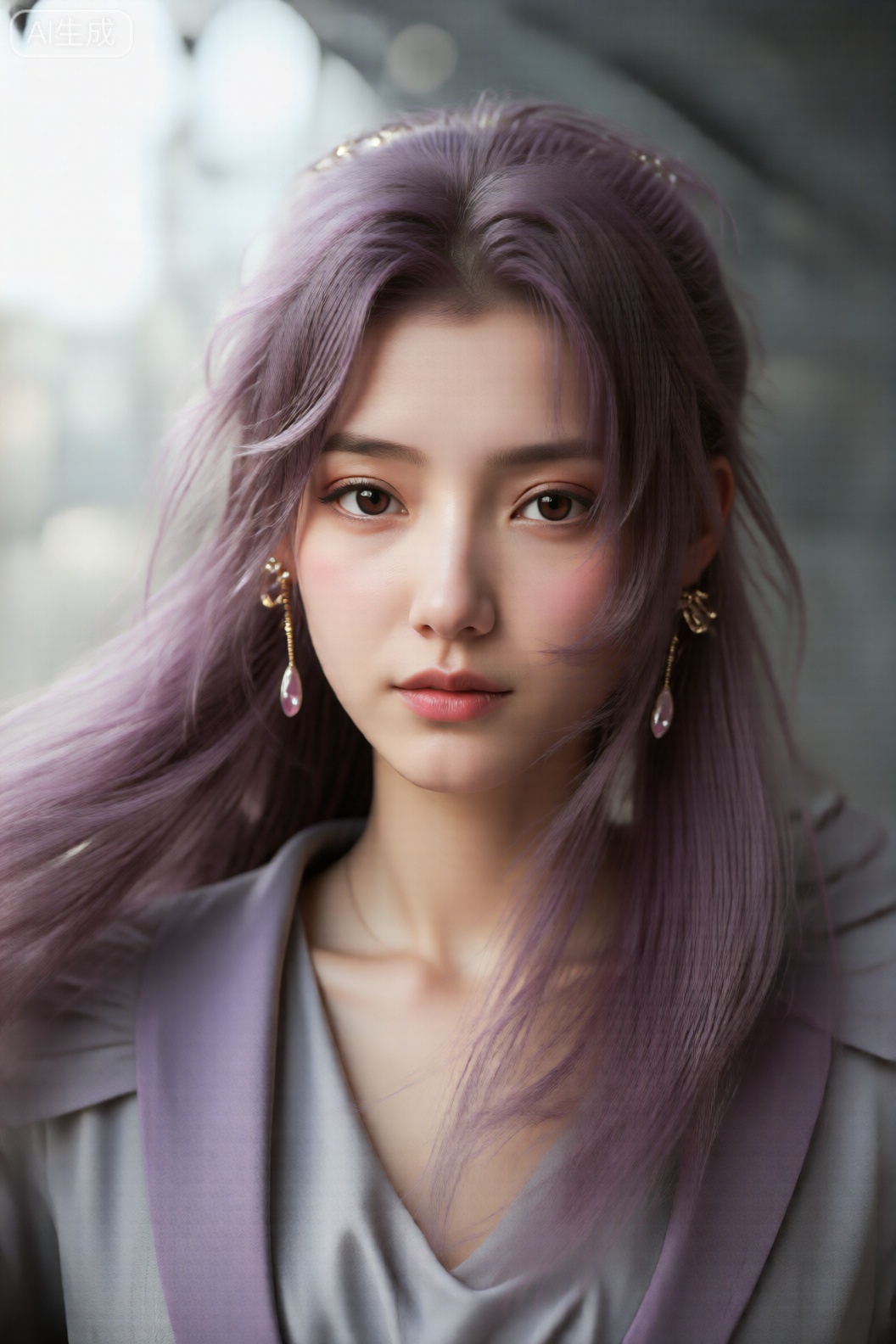 该图像的特征是一个长长的紫色的头发,流向框架的左侧,暗示运动（可能是风）。他们的眼睛大而棕色,直接凝视着相机,表达平静,表情。化妆很柔软,带有浅色底座和柔软的粉红色唇色,可补充整体外观。他们戴着长而悬空的耳环：右耳环（从观看者的角度来看）具有泪珠形状,底部有粉红色的宝石,而左耳则更复杂,具有金色的细节和另一个粉红色的宝石。该人穿着结构化的浅灰色西装外套,带有折叠的衣领,其褶皱和线条为织物增添了质感。背景是模糊的,柔和,散布的光线和模糊的形状暗示了城市环境（可能是建筑物或结构）,从而产生了浅水深度,从而使对象关注该主题。照明是柔软而自然的,可以增强对象的特征而没有刺耳的阴影,整体成分集中在面部和上身上,强调了头发,耳环和衣服的细节。