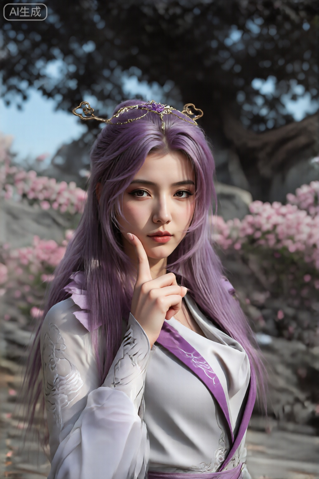 该图像具有长而直,薰衣草色的头发。他们穿着白色和紫色的传统服装,袖子上有复杂的图案。这件衣服有一个高领,并带有紫色饰边。在他们的头上,他们的装饰性头饰带有金色和紫色的元素,包括小云形装饰品。该人的右手抬到下巴上,食指向上指着。背景是一个户外环境,上面有晴朗的蓝天,一些深色的树木,并覆盖着粉红色的花朵