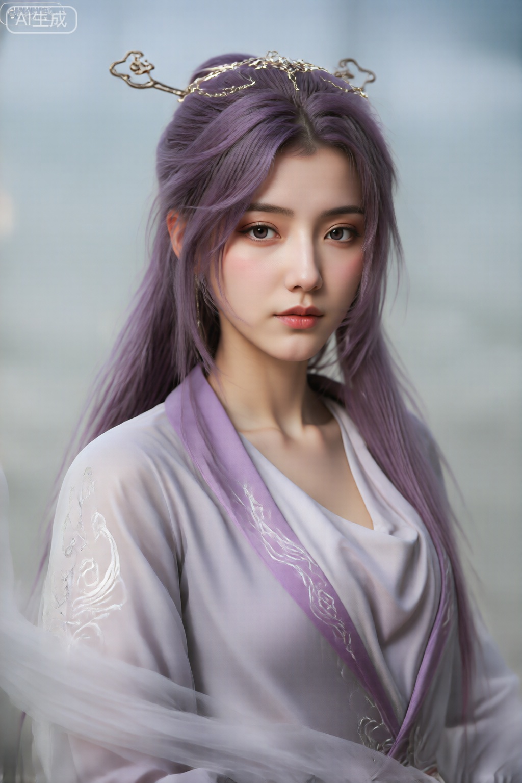 一个年轻的女人,长长,直,紫色的头发延伸到她的肩膀上。她的眼睛大而浅色,她的脸上表达了一个平静,宁静的表情。她穿着淡淡的薰衣草色调,穿着传统的飘逸服装,该衣服在袖子和胸部区域上绣有复杂的微妙图案。服装似乎是由轻巧,半透明的面料制成的,它具有柔软,空灵的质量。 在她的头上,她戴着一个华丽的头饰,其中包括精致的金属元素和类似云的小型装饰。美颜,云霄