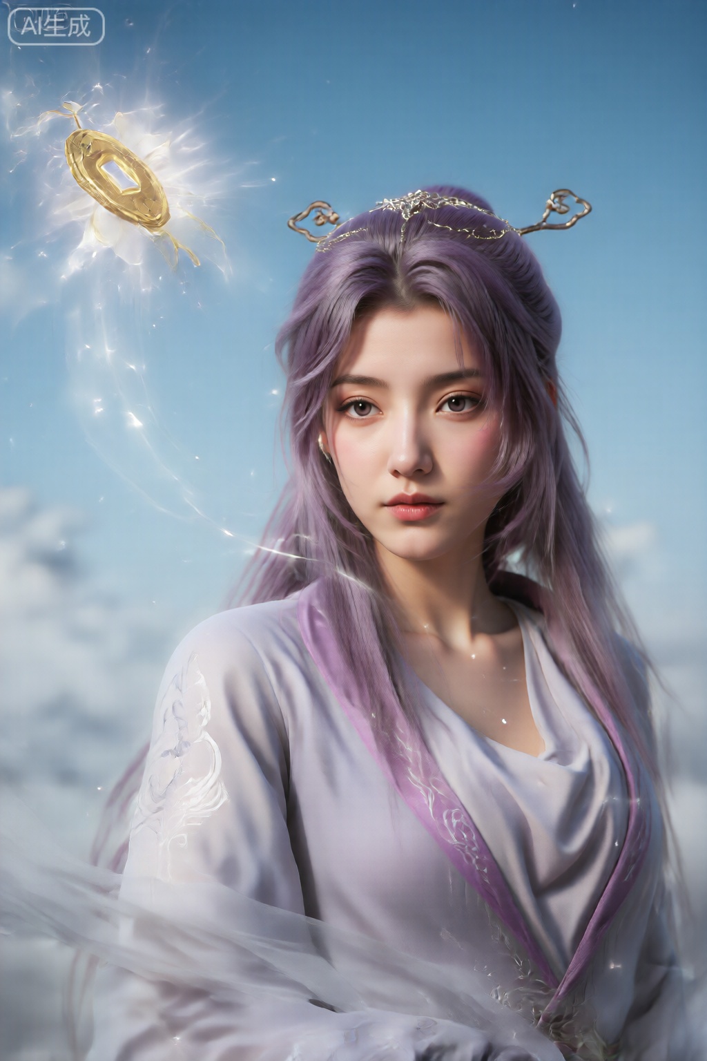 该图像的特色是一个年轻的女人,长长,直,紫色的头发延伸到她的肩膀上。她的眼睛大而浅色,她的脸上表达了一个平静,宁静的表情。她穿着淡淡的薰衣草色调,穿着传统的飘逸服装,该衣服在袖子和胸部区域上绣有复杂的微妙图案。服装似乎是由轻巧,半透明的面料制成的,它具有柔软,空灵的质量。 在她的头上,她戴着一个华丽的头饰,其中包括精致的金属元素和类似云的小型装饰。在她的头部左上方,有一个浮动的金币般的物体,带有方形中心和四个类似花瓣状的延伸,发出柔软的光芒,周围环绕着闪闪发光和光明的光线。 背景由晴朗的蓝天组成,上面有一些散落的云,使现场具有梦幻,超凡脱俗的气氛。整体构图是平衡的,女人将稍微偏心的位置放置,从而使浮动物体和闪闪发光引起人们注意图像的左上部分。