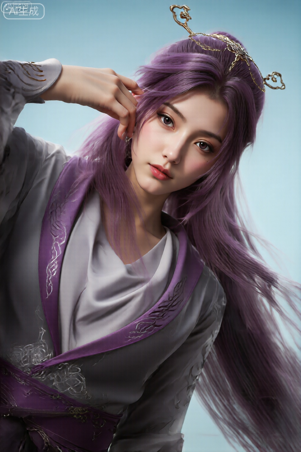 该图像具有数字渲染的字符,并带有长长的紫色头发。该角色穿着一件精美的服装,将灰色和紫色的阴影结合在一起,并在织物上带有复杂的图案和设计。这套衣服包括一个高领和腰带,腰部围绕腰部。还有一个装饰性的头饰带有金色的元素,增加了角色的富豪外观。角色的手在脸附近举起,手指轻轻触摸头发。背景是浅蓝色的梯度,