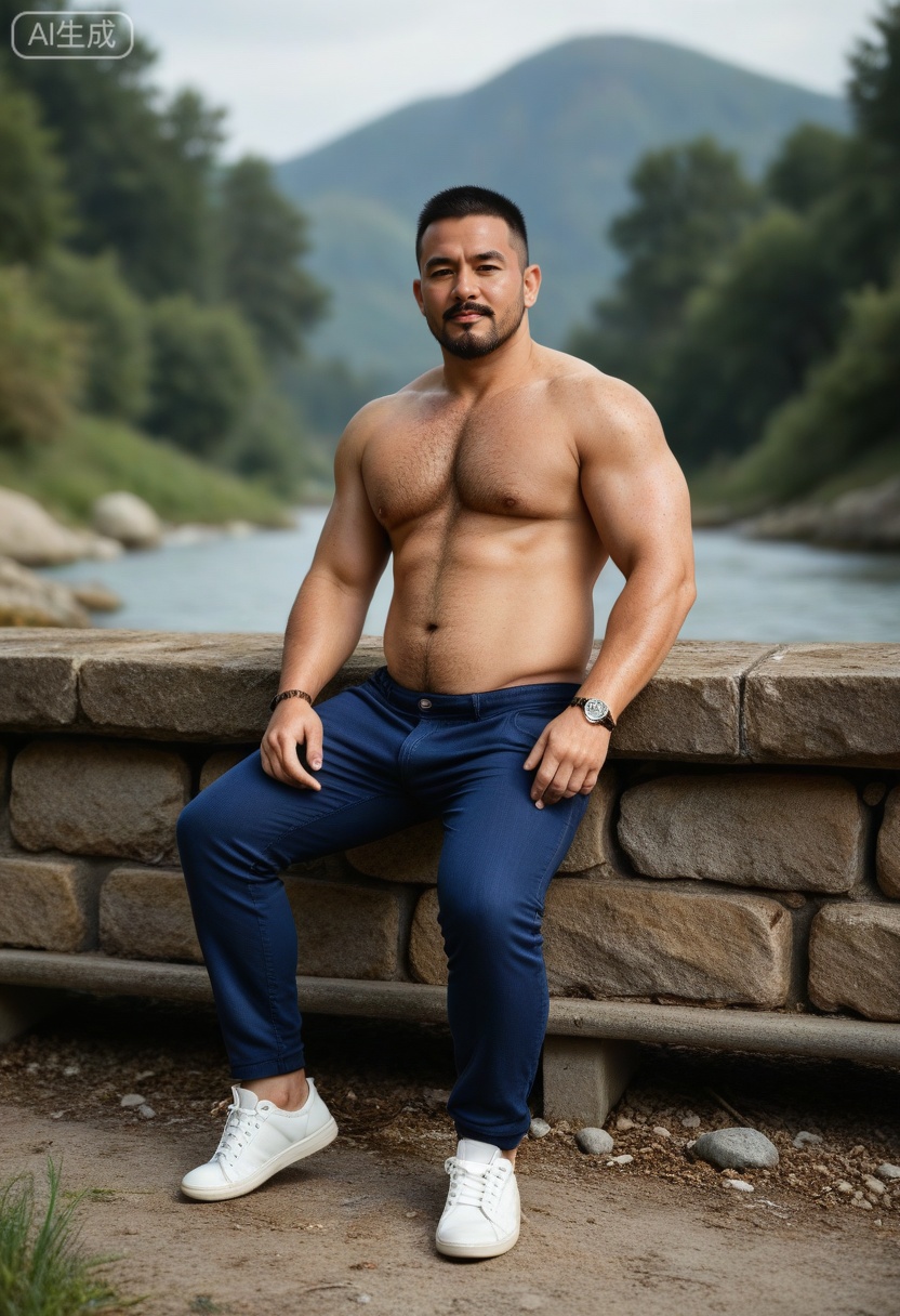 质量词: masterpiece, best quality, amazing quality, very aesthetic, absurdres, highres, newest,
画面风格: realistic, blurry background, simple background,KYNR,
人物特征:1man,solo,looking at viewer,facial hair,pectorals,watch,wristwatch,chest hair,arm hair,crew cut,Fat covered muscle physique,topless,mustache,
人物服饰:footwear,pants,pants,sneakers,
人物事件:outdoors, 