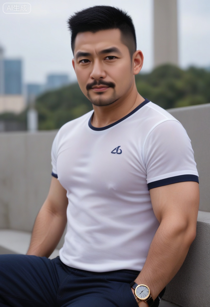 质量词: masterpiece, best quality, amazing quality, very aesthetic, absurdres, highres, newest,
画面风格: realistic, blurry background, simple background,KYNR,
人物特征:1man,solo,looking at viewer,facial hair,pectorals,watch,wristwatch,arm hair,crew cut,Fat covered muscle physique,mustache,T-shirt,
人物服饰:footwear,pants,pants,sneakers,
人物事件:outdoors, 