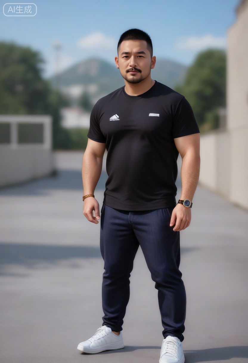 质量词: masterpiece, best quality, amazing quality, very aesthetic, absurdres, highres, newest,
画面风格: realistic, blurry background, simple background,KYNR,
人物特征:1man,solo,looking at viewer,facial hair,pectorals,watch,wristwatch,chest hair,arm hair,crew cut,Fat covered muscle physique,mustache,T-shirt,
人物服饰:footwear,pants,pants,sneakers,
人物事件:outdoors, 