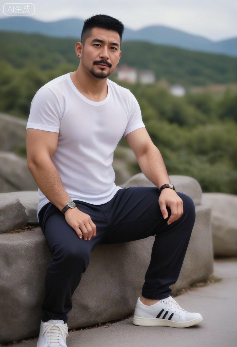 质量词: masterpiece, best quality, amazing quality, very aesthetic, absurdres, highres, newest,
画面风格: realistic, blurry background, simple background,KYNR,
人物特征:1man,solo,looking at viewer,facial hair,pectorals,watch,wristwatch,chest hair,arm hair,crew cut,Fat covered muscle physique,mustache,T-shirt,
人物服饰:footwear,pants,pants,sneakers,
人物事件:outdoors, 