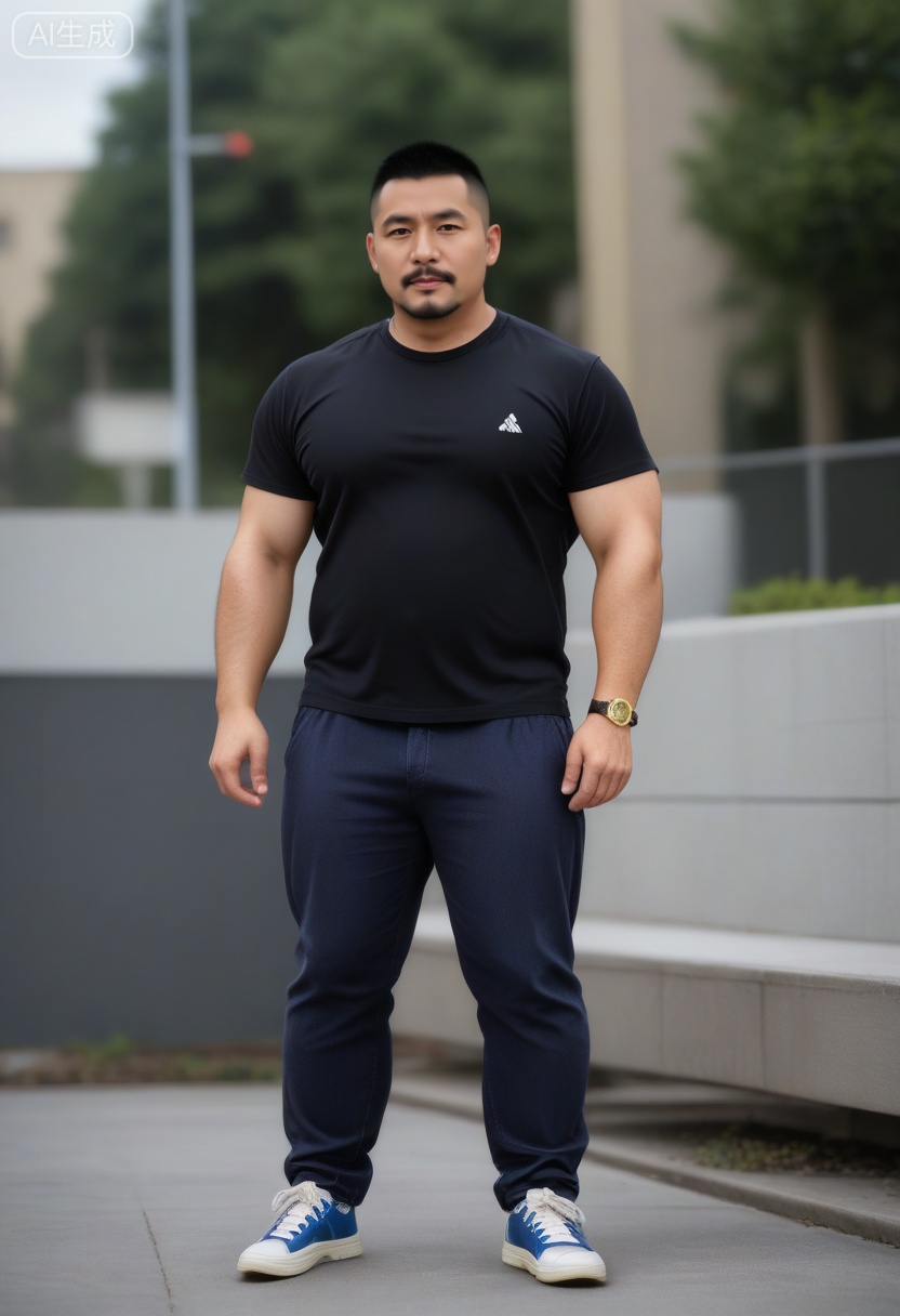 质量词: masterpiece, best quality, amazing quality, very aesthetic, absurdres, highres, newest,
画面风格: realistic, blurry background, simple background,KYNR,
人物特征:1man,solo,looking at viewer,facial hair,pectorals,watch,wristwatch,arm hair,crew cut,Fat covered muscle physique,mustache,T-shirt,
人物服饰:footwear,pants,pants,sneakers,
人物事件:outdoors, 