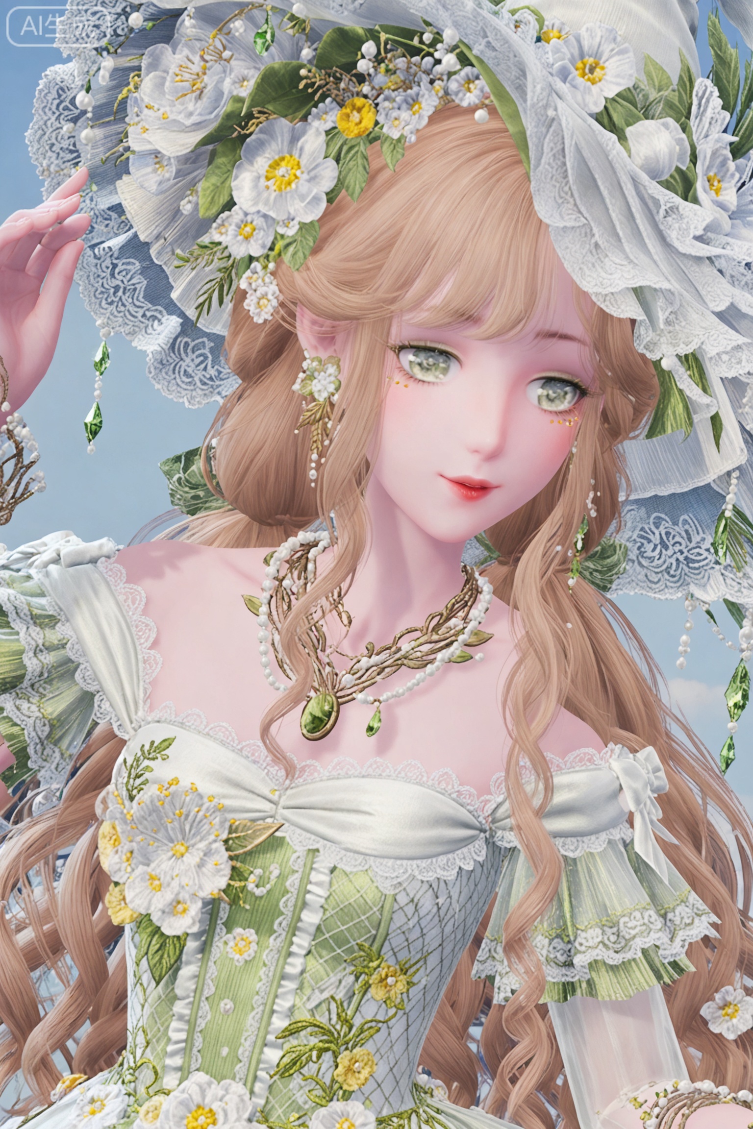 1girl, solo, long hair, looking at viewer, bangs, blonde hair, hair ornament, hat, bikini, bare shoulders, jewelry, green eyes, flower, earrings, frills, hair flower, necklace, bracelet, grey eyes, floral print, white flower, gem, lace trim, lace, beads, hat flower, pearl \(gemstone\),