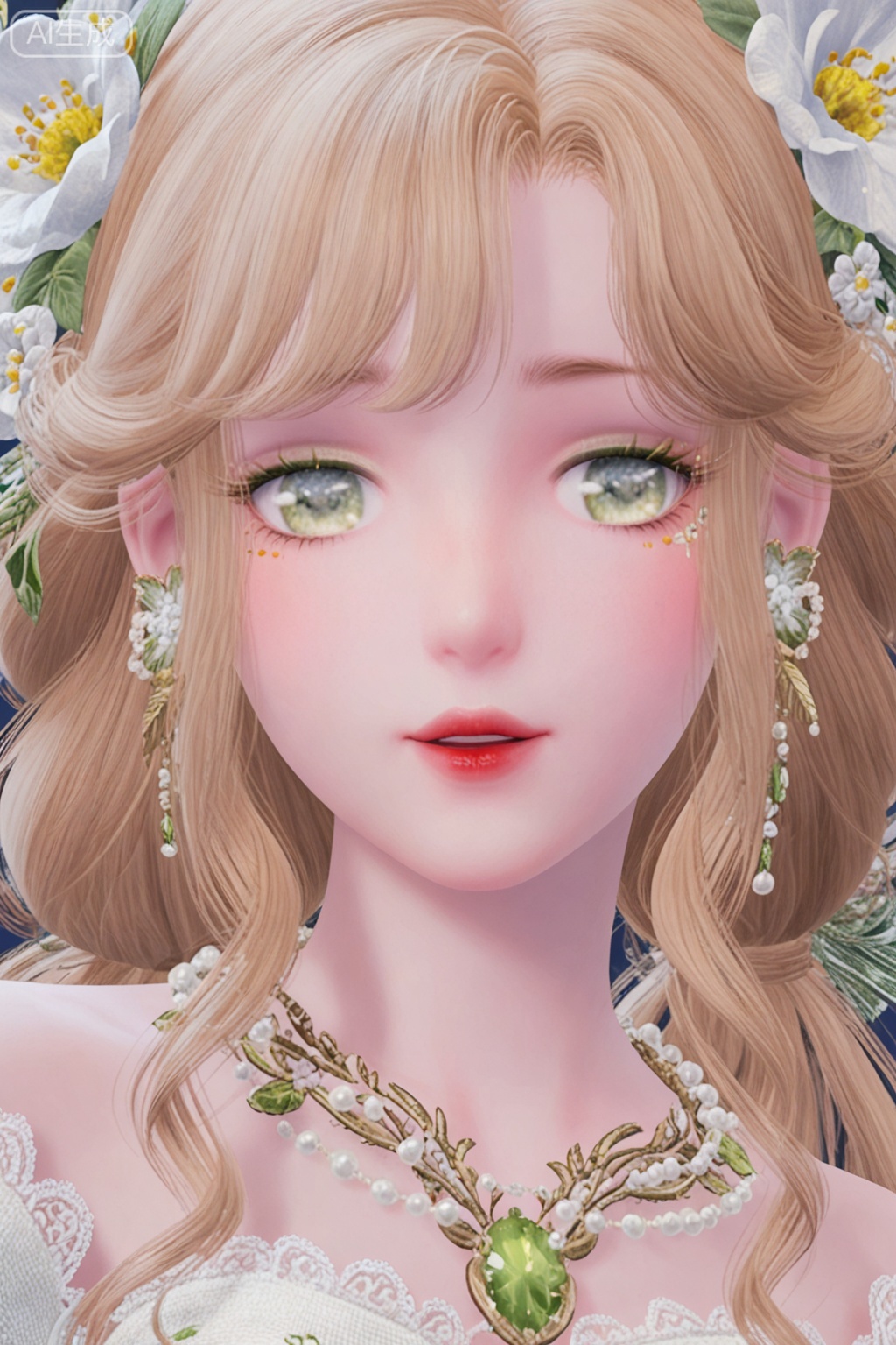 1girl, solo, long hair, bangs,looking_at_viewer, blonde hair, hair ornament, jewelry, flower, earrings, parted lips, hair flower, lips, looking to the side, eyelashes, looking away, white flower, gem, portrait, beads, red lips, pearl \(gemstone\)