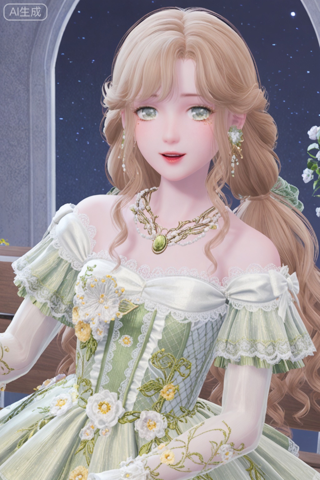 1girl, solo, long hair, breasts, looking at viewer, smile, open mouth, bangs, blonde hair, long sleeves, dress, bare shoulders, jewelry, sitting, green eyes, upper body, flower, earrings, parted lips, teeth, puffy sleeves, necklace, white dress, night, wavy hair, floral print, white flower, lace trim, lace, green dress, off-shoulder dress, bench, lace-trimmed dress, flower earrings