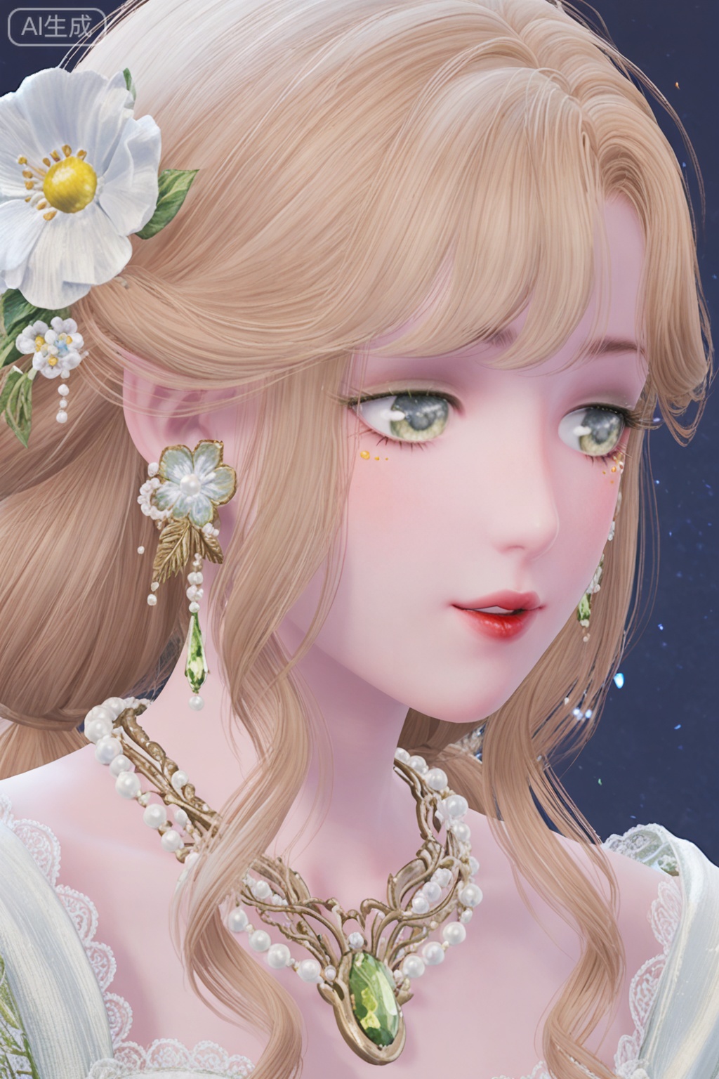 1girl, solo, long hair, bangs,looking_at_viewer, blonde hair, hair ornament, jewelry, flower, earrings, parted lips, hair flower, lips, looking to the side, eyelashes, looking away, white flower, gem, portrait, beads, red lips, pearl \(gemstone\)