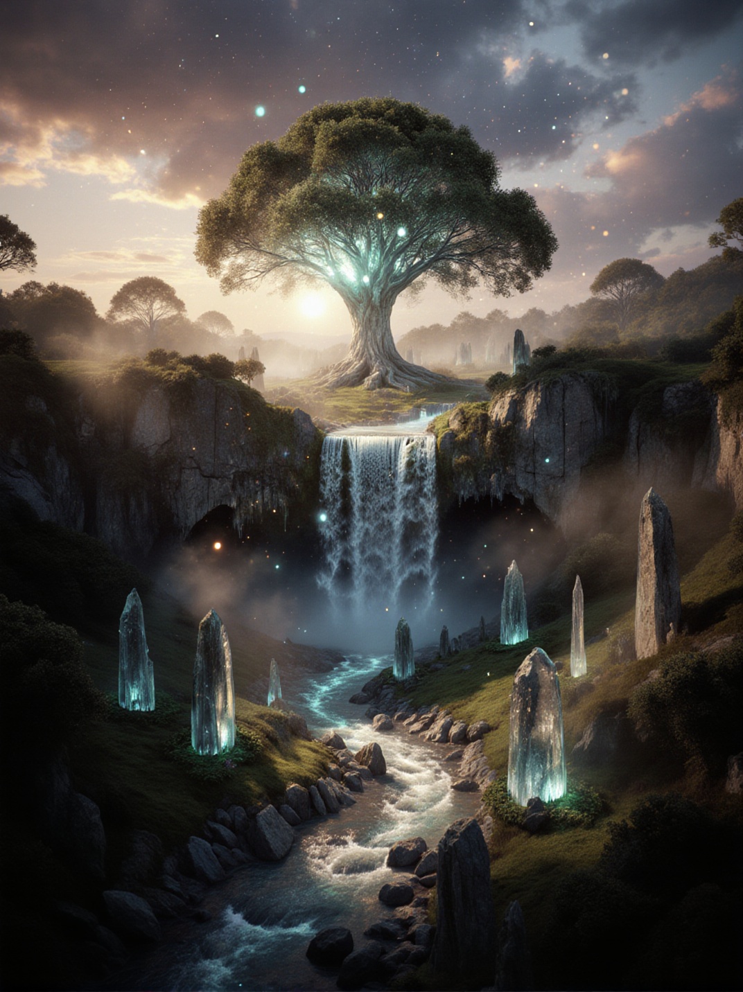 A legendary Waterfall cascading from an immense tree of light into a glowing valley of crystalline rivers and living stone...