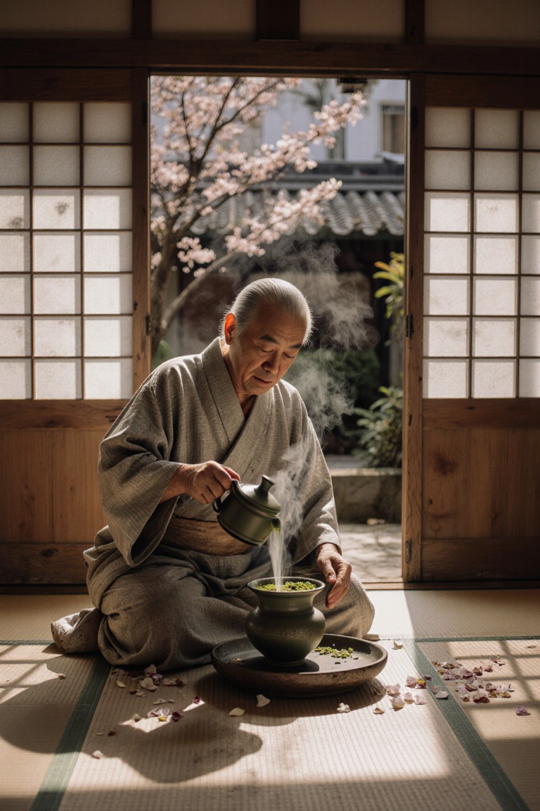 An aged Japanese tea master performing the sacred ceremony in a traditional wooden teahouse,  intimate low-angle shot capt...