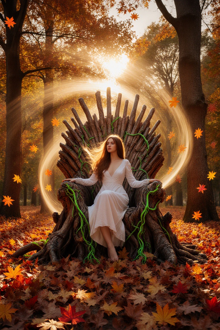 Weather: Howling autumn gale with swirling leaves Prompt: Sweeping cinematic crane shot circling a beautiful,  ancient thr...
