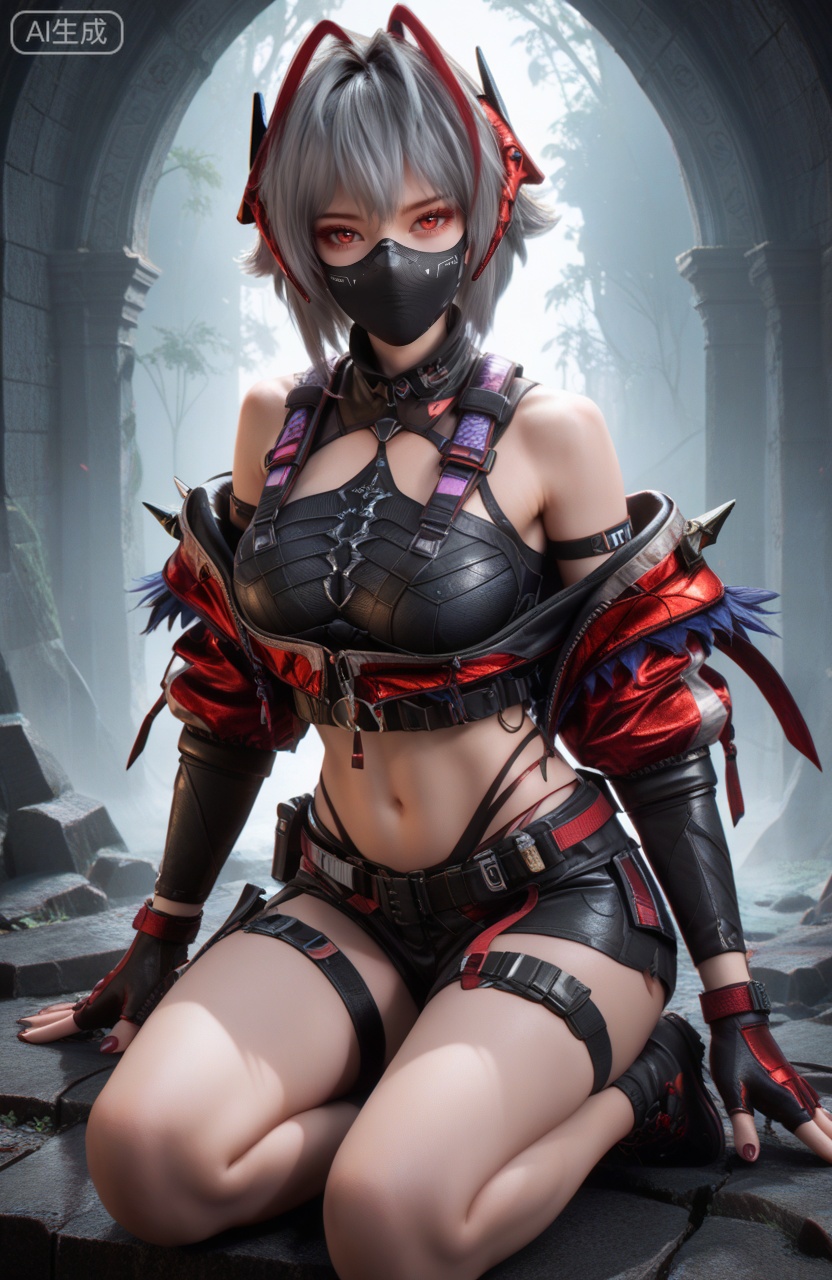 supermodel,score_8_up,score_7_up,hyperdetailed,hyperrealistic,volumetric lighting,focus on face,textured skin,eye lighting,SkinHairDetail,zPDXL,very attractive,Expressiveh,realistic skin,score_9,score_8_up,score_9,score_8_up,1 girls,high cold face,yujie,perfect round large,breasts,jewelry,beautiful eyes,detailed eyes,lips,bare shoulders,black hair,belt,choker,fingerless gloves,grey hair,hair intakes,looking at viewer,maixiaowen,midriff,mouth mask,navel,red eyes,shirt,shoes,short hair,short shorts,thigh strap,w \\(arknights\\),