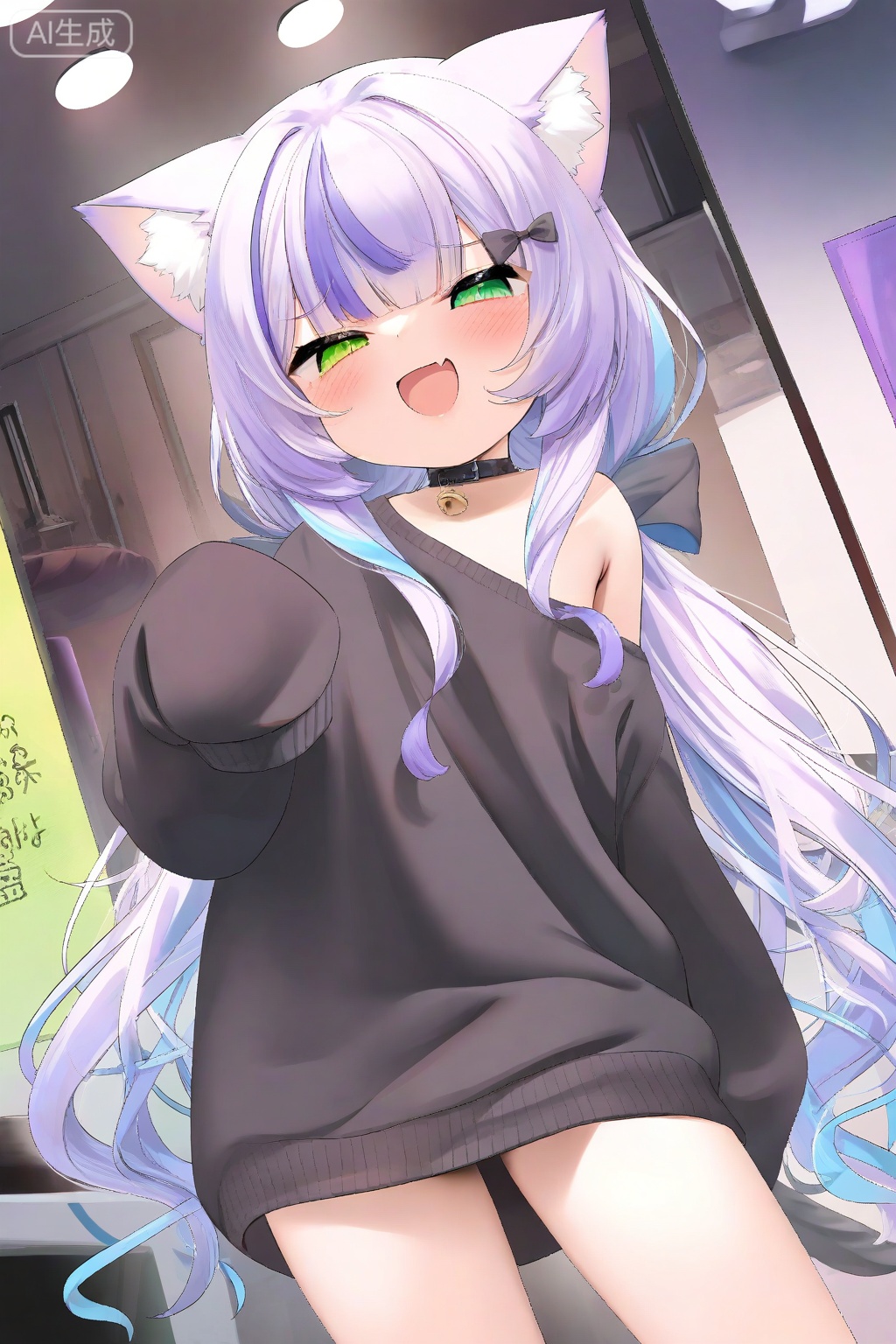 1girl, :d, animal ears, black sweater, bow, cat ears, cat girl, fang, hair bow, heterochromia, long hair, long sleeves, looking at viewer, low twintails, mesugaki, multicolored hair, no pants, off shoulder, open mouth, oversized clothes,  blue hair, green eyes, purple hair, skin fang, sleeves past fingers, sleeves past wrists, smile, smug, streaked hair, sweater, twintails, very long hair, virtual youtuber