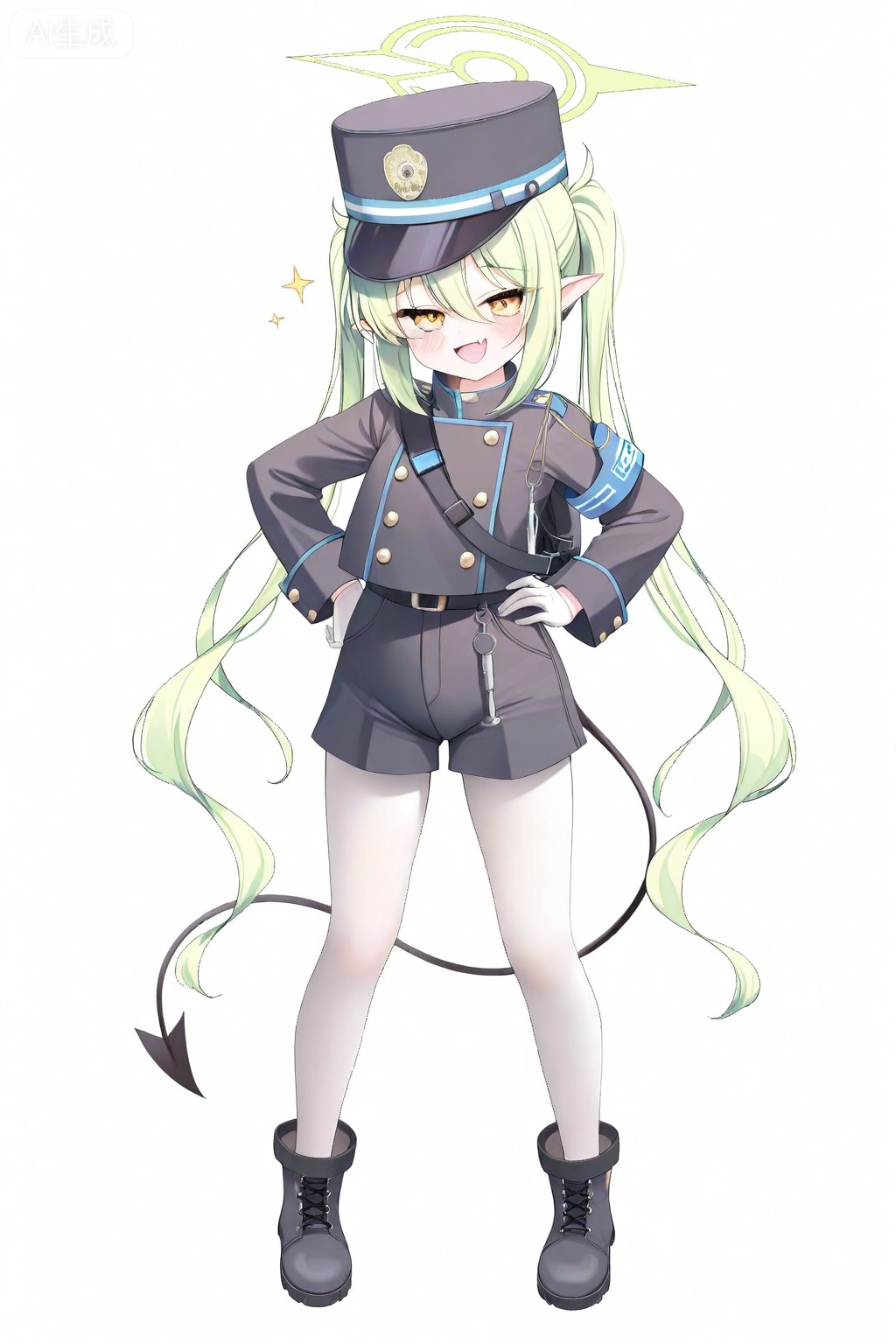 blue archive, nozomi \(blue archive\), 1girl, armband, black tail, blue armband, buttons, demon tail, double-breasted, fang, full body, green hair, green halo, halo, hand on own hip, hat, long hair, looking at viewer, pantyhose, peaked cap, pointy ears, shorts, skin fang, smile, solo, tail, train conductor, twintails, white background, white pantyhose

