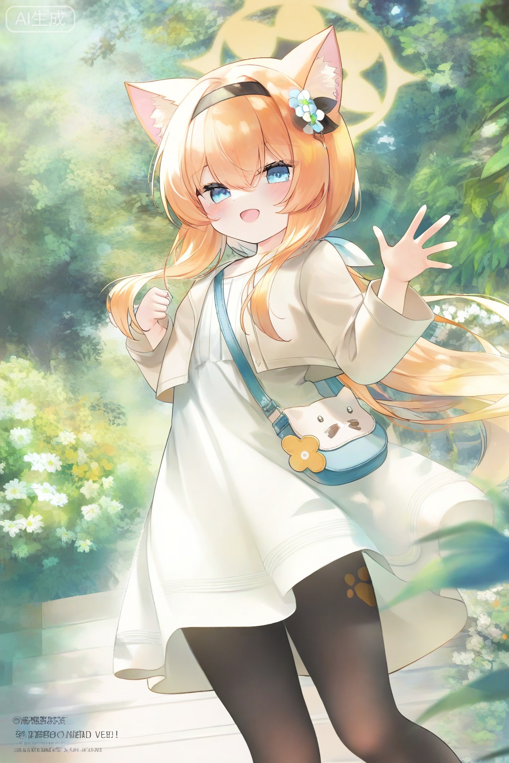 1girl, :d, alternate costume, animal ear fluff, animal ears, bag, black hairband, black pantyhose, blue eyes, casual, cat ears, cat girl, cropped jacket, day, dress, floating hair, flower, hair between eyes, hair flower, hair ornament, hairband, halo, hand up, hands up, happy, jacket, leaf hair ornament, long hair, looking at viewer, low ponytail, open clothes, open jacket, open mouth, orange hair, outdoors, outstretched hand, pantyhose, paw print, ponytail, shoulder bag, sidelocks, smile, solo, tsurime, very long hair, watermark, waving, white dress, white flower, yellow halo