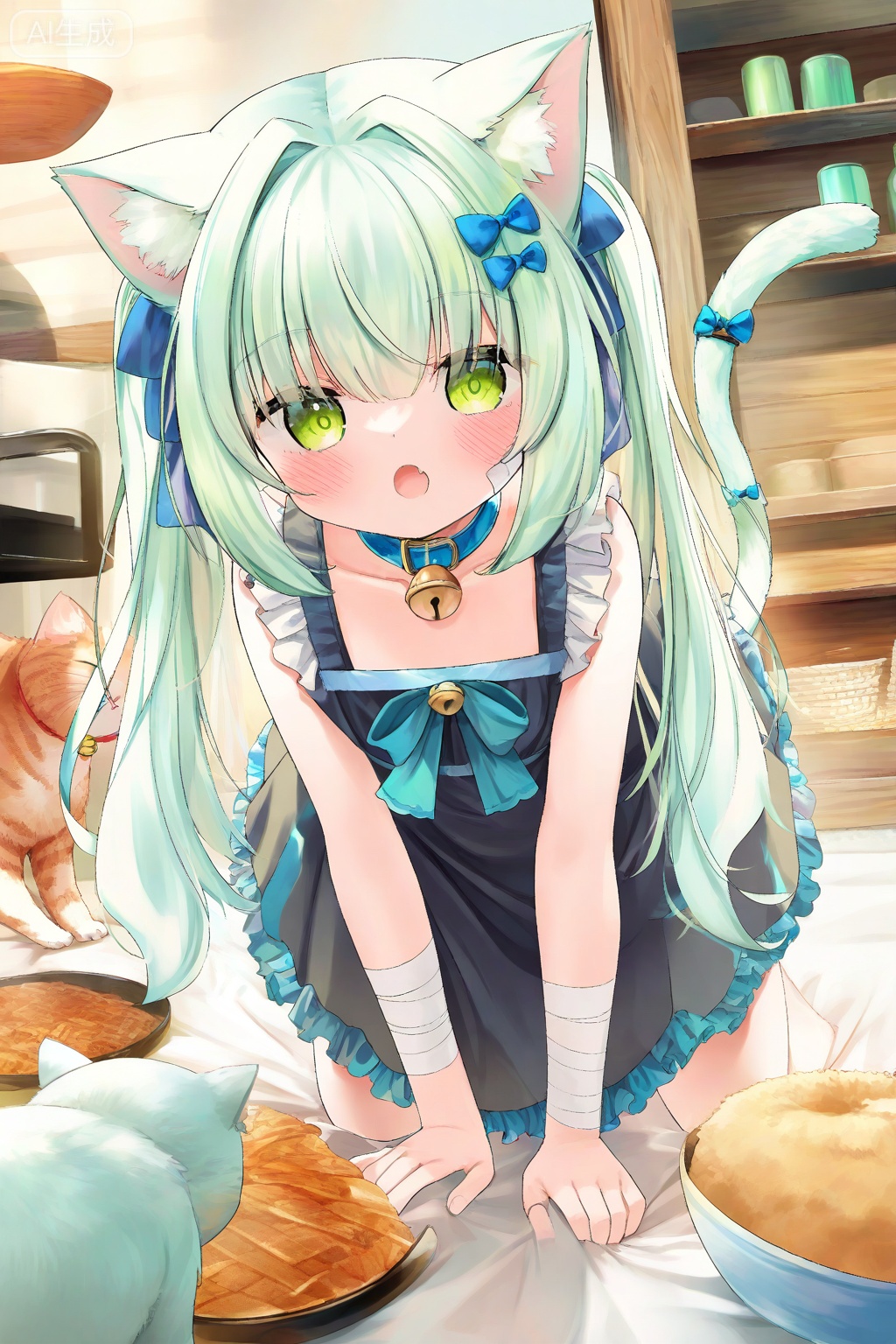 1girl, :o, all fours, animal ear fluff, animal ears, bandages, bell, black dress, blue bow, blue collar, blue dress, bow, cat, cat ears, cat girl, cat tail, collar, collarbone, dress, fang, food, frills, green eyes, green hair, hair bow, hair intakes, hair ornament, hair ribbon, jingle bell, long hair, looking at viewer, neck bell, open mouth, ribbon, sleeveless, sleeveless dress, solo, tail, tail ornament, twintails