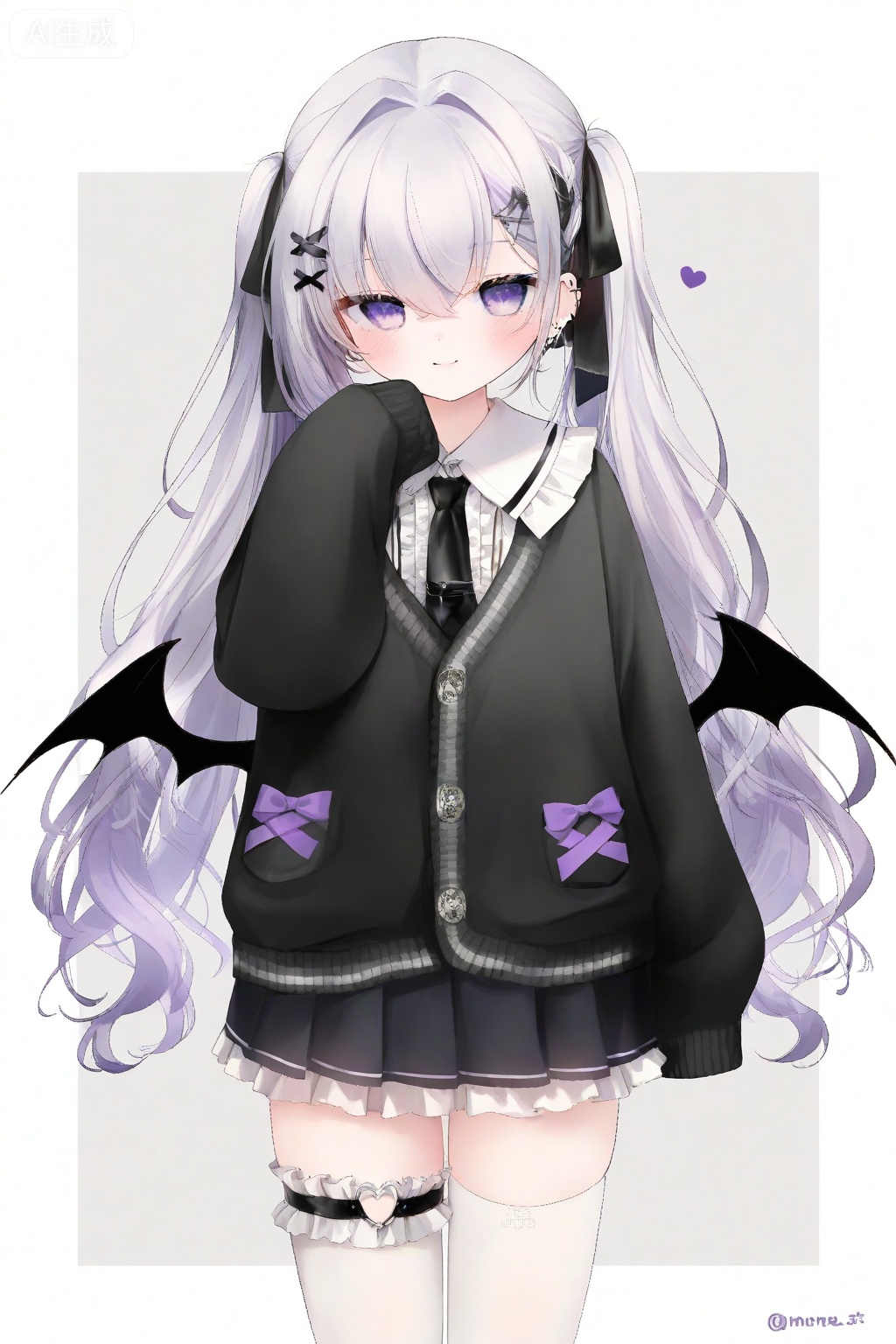 1girl, sleeves past wrists, solo, twintails, necktie, wings, frills, purple eyes, skirt, long hair, pleated skirt, x hair ornament, hair ornament, black necktie, sleeves past fingers, shirt, thighhighs, white shirt, white thighhighs, looking at viewer, hairclip, black skirt, low wings, grey background, heart o-ring, long sleeves, collared shirt, frilled shirt, hair ribbon, closed mouth, cardigan, black wings, center frills, frilled shirt collar, frilled thighhighs, demon wings, smile, black ribbon, ribbon, blush, ear piercing, grey hair, very long hair, black cardigan, thigh strap, two-tone background, piercing, earrings, simple background, jewelry, jacket, white background, bat wings, black jacket, heart, standing, school uniform, braid, hair between eyes, cowboy shot, hair intakes, purple hair, hair bow, bow, hand up, twitter username, puffy sleeves, dress shirt, white border

