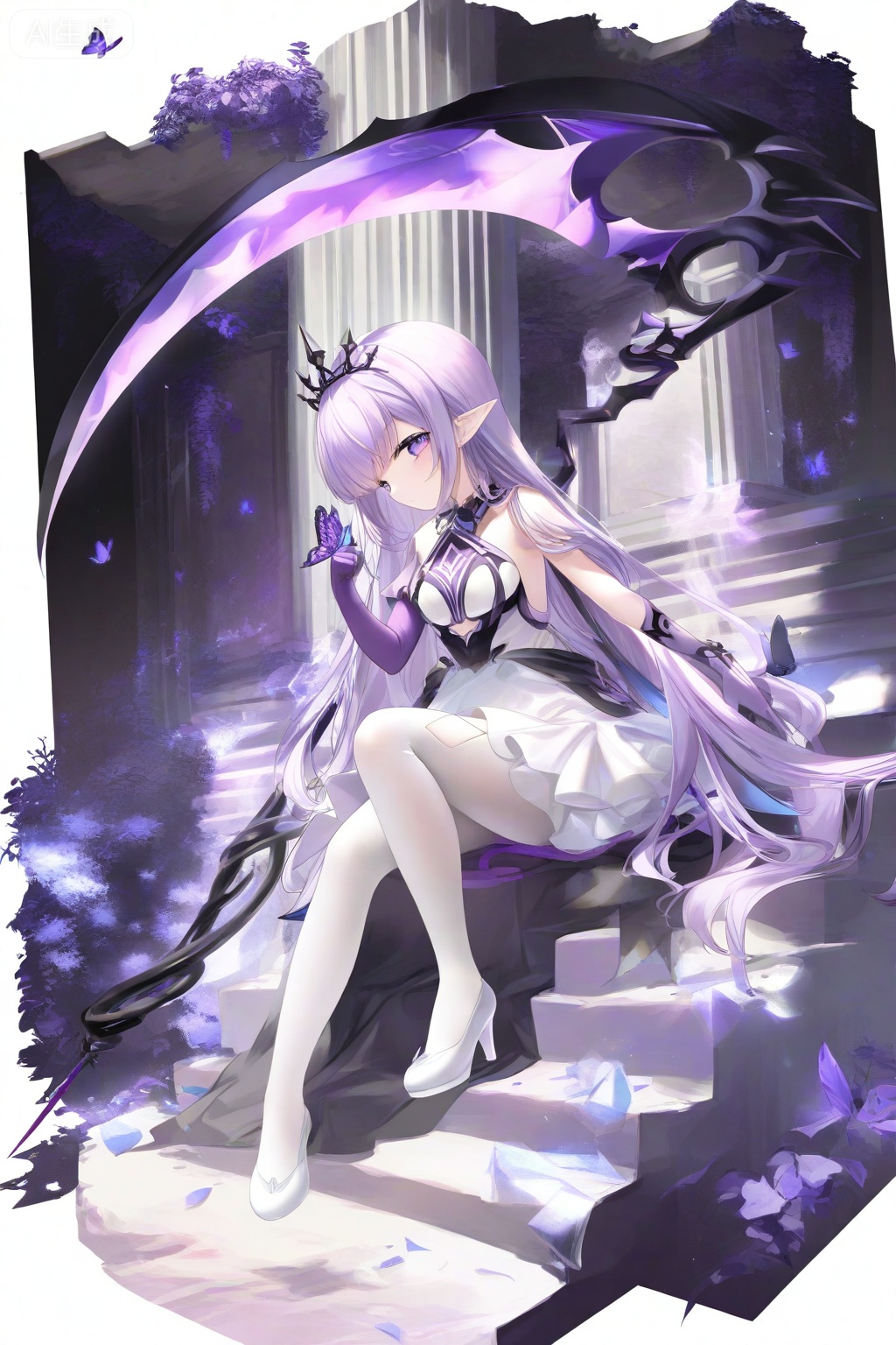 1girl, asymmetrical gloves, black tiara, breasts, bug, butterfly, butterfly on hand, closed mouth, dress, elbow gloves, full body, gloves, hand to weapon, high heels, legwear cutout, long hair, looking at viewer, pantyhose, pointy ears, purple butterfly, purple eyes, purple gloves, purple hair, scythe, shoes, sideways glance, sitting, solo, stairs, tiara, uneven gloves, very long hair, weapon, white dress, white pantyhose, white shoes 

