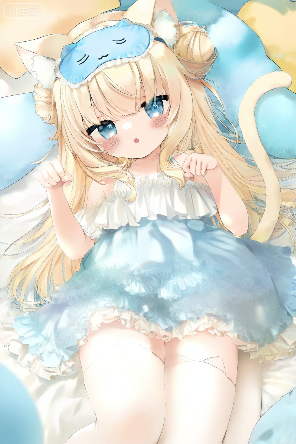 1girl, :o, animal ear fluff, animal ears, bare shoulders, blonde hair, blue eyes, blush, cat ears, cat girl, cat tail, double bun, dress, frilled dress, frills, hair bun, long hair, looking at viewer, open mouth, paw pose, sleep mask, solo, tail, thighhighs, white thighhighs