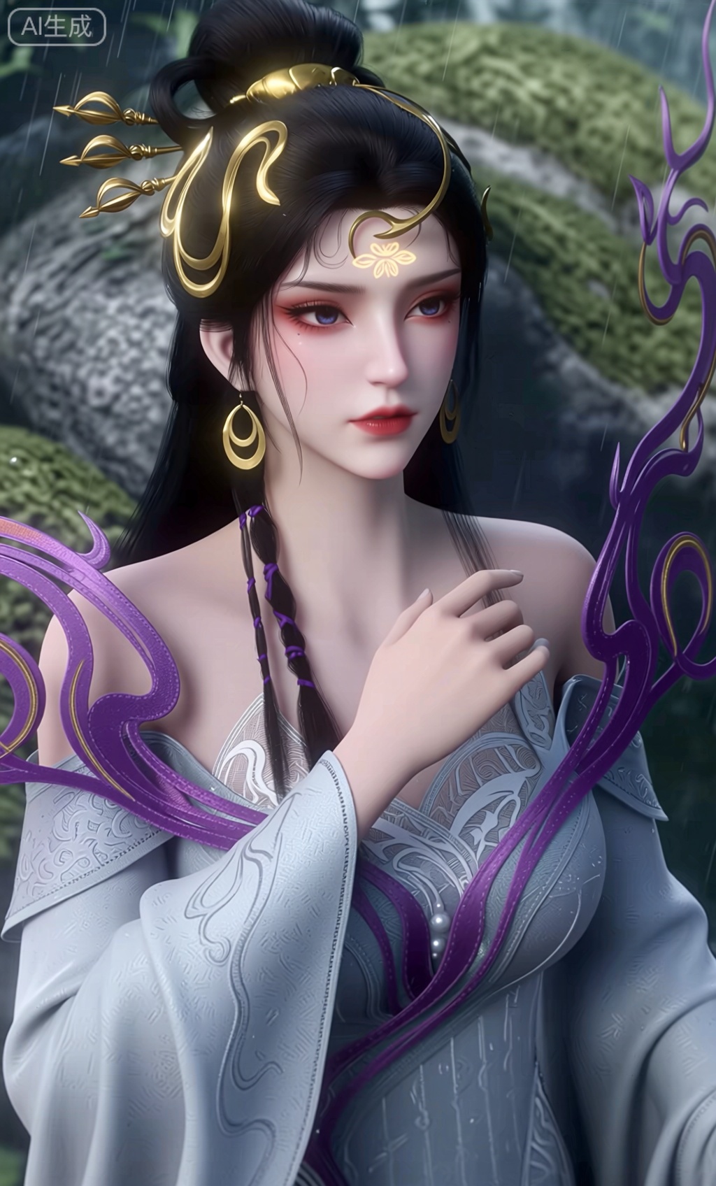 (masterpiece:1.2),best quality,absurdres,masterpiece,original,extremely detailed wallpaper,perfect lighting,(extremely detailed CG:1.2),(masterpiece, top quality, best quality, official art, beautiful and aesthetic:1.2),1girl, solo, long hair, looking at viewer, black hair, gloves,jewelry, bare shoulders,earrings,white dress, necklace, hair bun, Purple dress,pearl necklace, pearl earrings ,brown eyes,(Long skirt: 1.2), solo, outdoors, rain,water,leaf,nature, moss, rock, raindrop, forest, wet, moss,3d,Realistic,