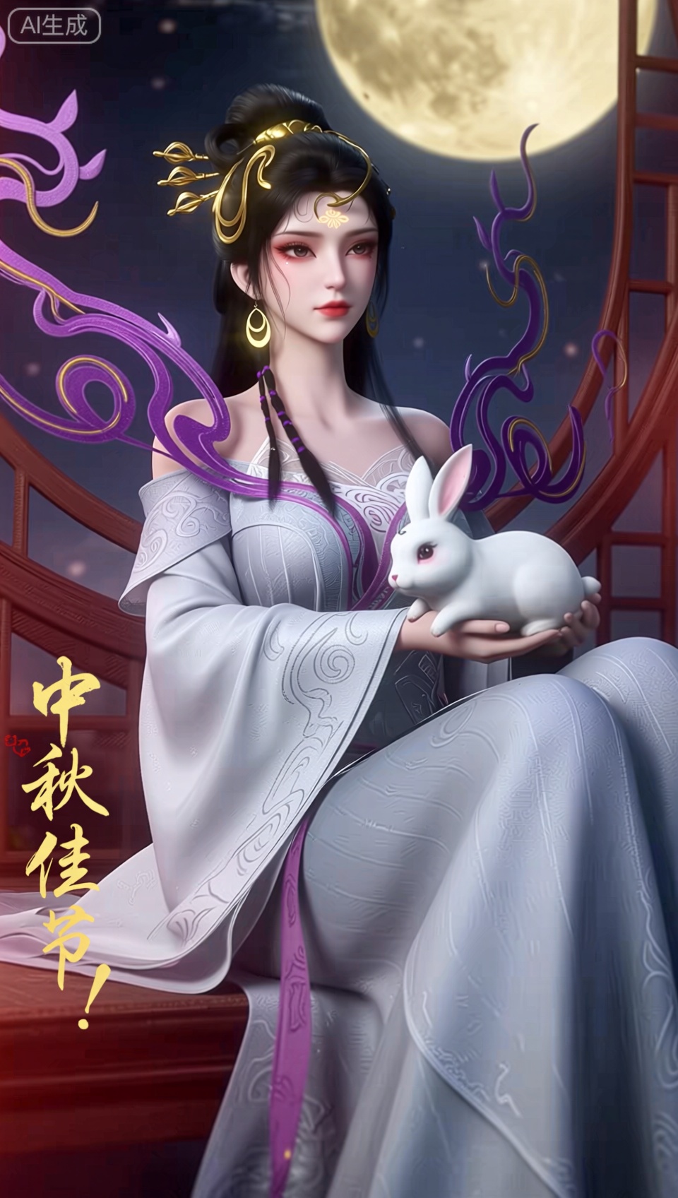 Masterpiece, ultra-high definition,8K, HD, exquisite anime CG, colorful and vivid images, details, more details,1girl, solo, long hair, breasts, looking at viewer, black hair, dress, jewelry, bare shoulders, medium breasts, brown eyes, braid, earrings, japanese clothes, hair bun,she is wearing a traditional japanese outfit with a white kimono draped over her shoulders, which is adorned with intricate patterns and has purple ribbons flowing down her back,wide_sleeves,long_sleeves,Long skirt,Indoor, festive, red festival atmosphere elements, Mid-Autumn Festival, window, moon, full moon, holding a jade rabbit in the arms, rabbit long dress, wearing purple cloth shoes, sitting,左边写着"中秋佳节!",
