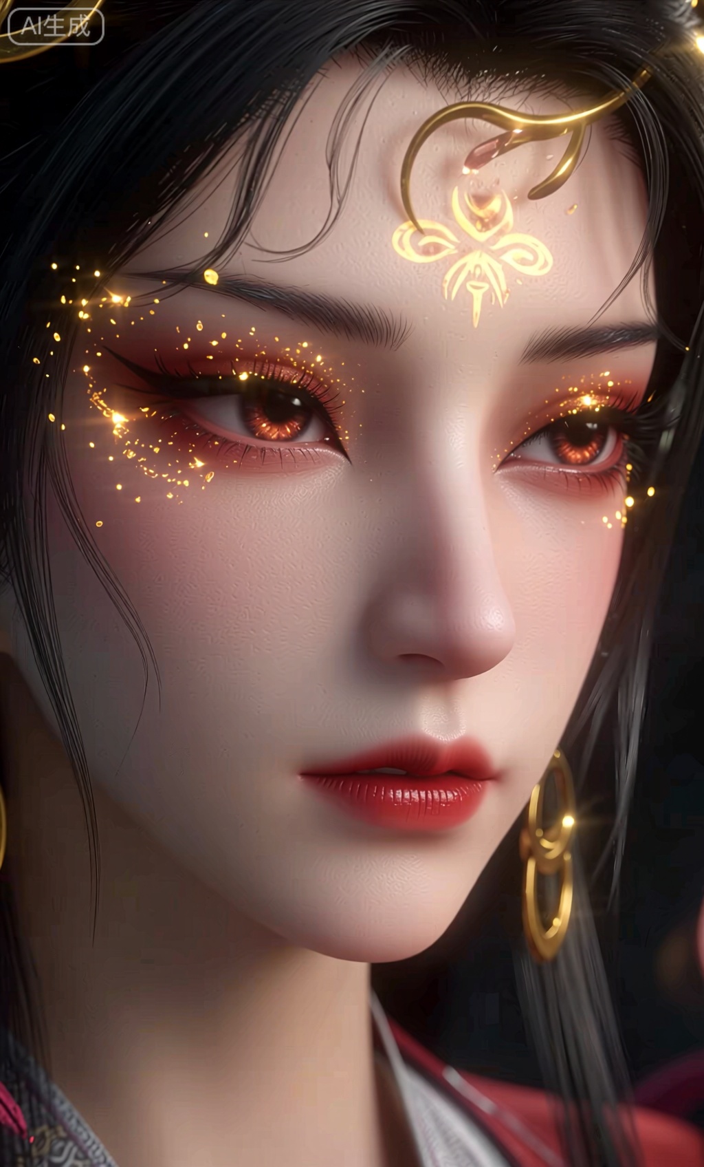 sharp_focus,ultra_high_resolution,best_quality,emotional_masterpiece,exquisite_details,with high_end_texture,photography,eye_catching,depth_of_field,absurdres,newest,extreme aesthetic,highres,ray_tracing,ambient_occlusion,hdr,old_camera_quality,faintly_visible_veins_under_skin,film_grain,80s_chinese_style,narrow_waist,hourglass_figure, 一个由粒子组成的女性,线条清晰,明暗对比,超高清,垂坠感,高级感,金箔,量子血钻红色,最高画质,绝美眼睛,长睫毛。清透的皮肤,强光,细腻渲染,绝美眼睛,邪魅,细节五官。粒子发光生物发光金色闪片透明流体环绕眼眸,丰富细节,朦胧感,河灿烂的眼眸,从眉眼间飘过行云流水和万千星展,面部特写,微距镜头,面部阴影,丰富的细节,眼睛往下看,凌乱发丝,高质量,流苏装饰,丰富的细节