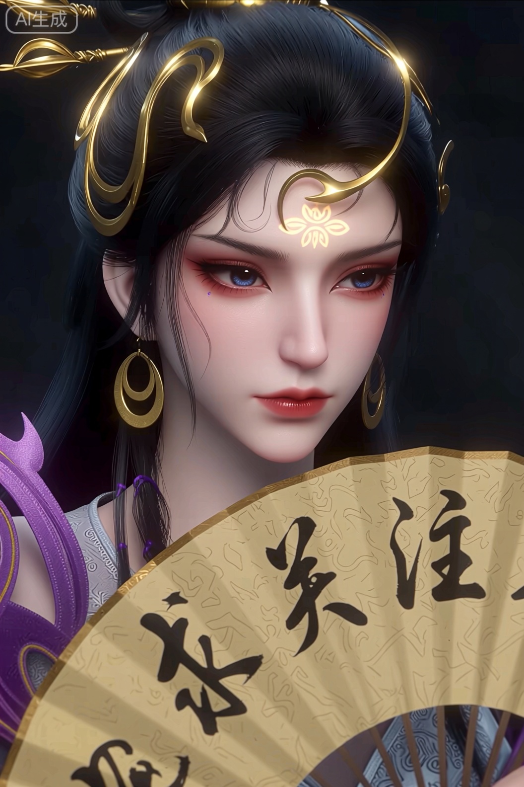 插画,笔触细腻丰富,线条流畅自然,明暗对比强烈,超高清,超高画质,黑色蓬松头发随意垂落,发丝泛着亮光,古铜色皮肤,超精致金色配饰首饰,金色图腾,古老部落,服饰,古老图腾文字,金色面纹,闪粉,含情眼,西域装扮,AI艺术,精美出图,大师构图,大师级别的作品,丰富细节,强光,皮肤细腻,阴影刻画,五官刻画,妖治,邪魅,性感,勾引,清冷,人物占比3/2,穿着一件连衣裙,长裙,上半身,手里拿着一把古风扇子扇子里写着三个字”求关注“,