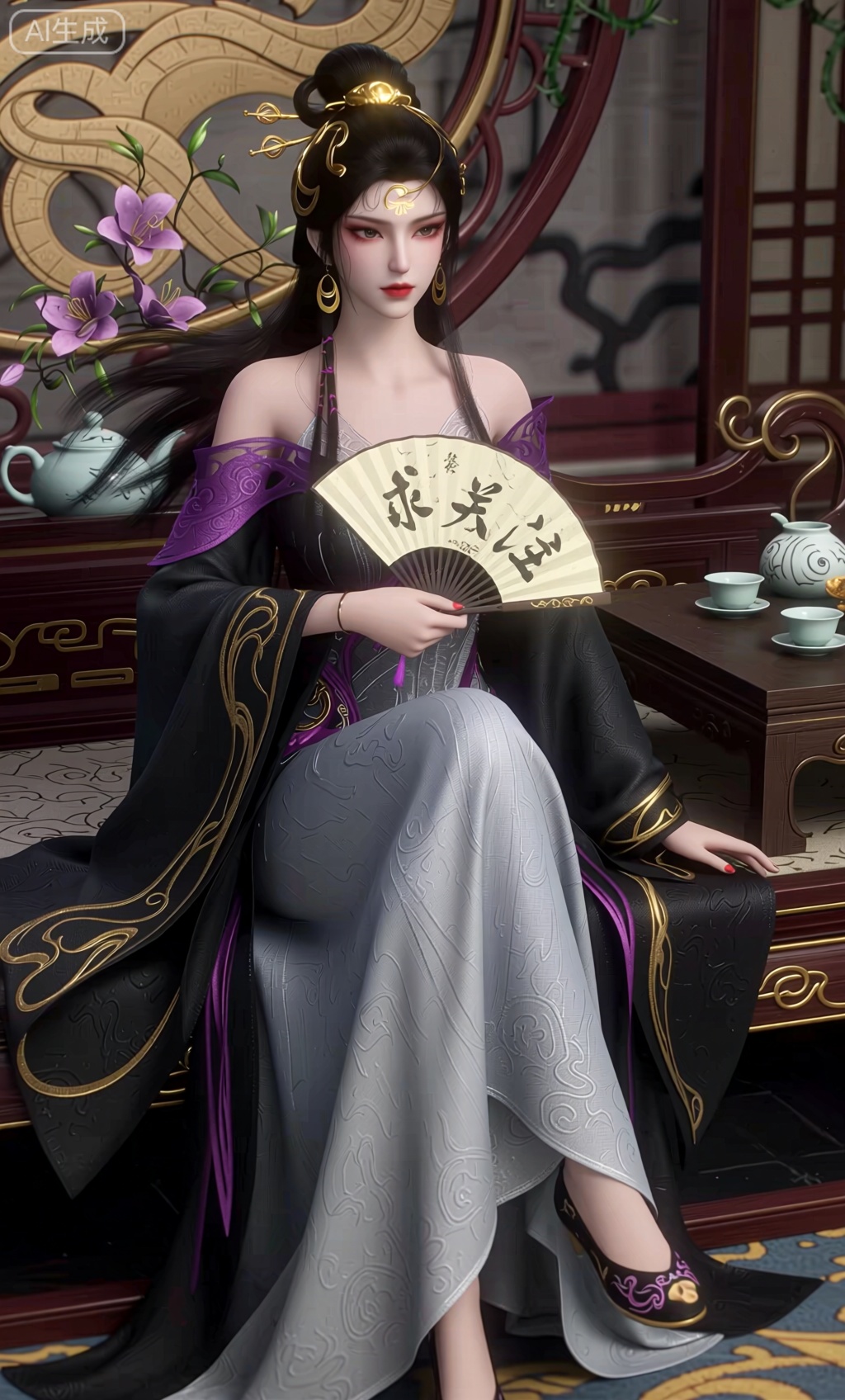 插画,笔触细腻丰富,线条流畅自然,明暗对比强烈,超高清,超高画质,黑色蓬松头发随意垂落,发丝泛着亮光,古铜色皮肤,超精致金色配饰首饰,金色图腾,古老部落,服饰,古老图腾文字,闪粉,含情眼,AI艺术,精美出图,大师构图,大师级别的作品,丰富细节,强光,皮肤细腻,阴影刻画,妖治,邪魅,性感,勾引,清冷,人物占比3/2,穿着一件连衣裙,长裙,上半身,手里拿着一把古风椭圆形的扇子里写着三个字”求关注“,千细的腰部,丰满的臀部。坐在一个皇座上,脚穿古装绣花鞋,背景为古色古香的大殿内,里面摆着茶几,桌面上茶杯、茶具、花盘、花朵布满植物藤蔓,3D立体建模写实风格