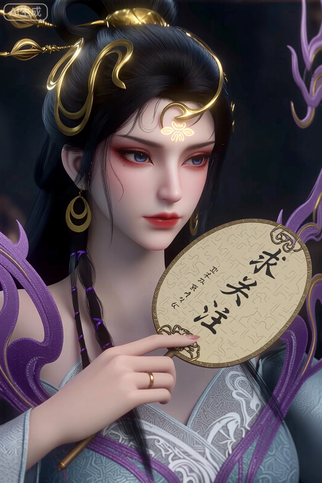 插画,笔触细腻丰富,线条流畅自然,明暗对比强烈,超高清,超高画质,黑色蓬松头发随意垂落,发丝泛着亮光,古铜色皮肤,超精致金色配饰首饰,金色图腾,古老部落,服饰,古老图腾文字,金色面纹,闪粉,含情眼,西域装扮,AI艺术,精美出图,大师构图,大师级别的作品,丰富细节,强光,皮肤细腻,阴影刻画,五官刻画,妖治,邪魅,性感,勾引,清冷,人物占比3/2,穿着一件连衣裙,长裙,上半身,手里拿着一把古风椭圆形的扇子里写着三个字”求关注“,千细的腰部,丰满的臀部。