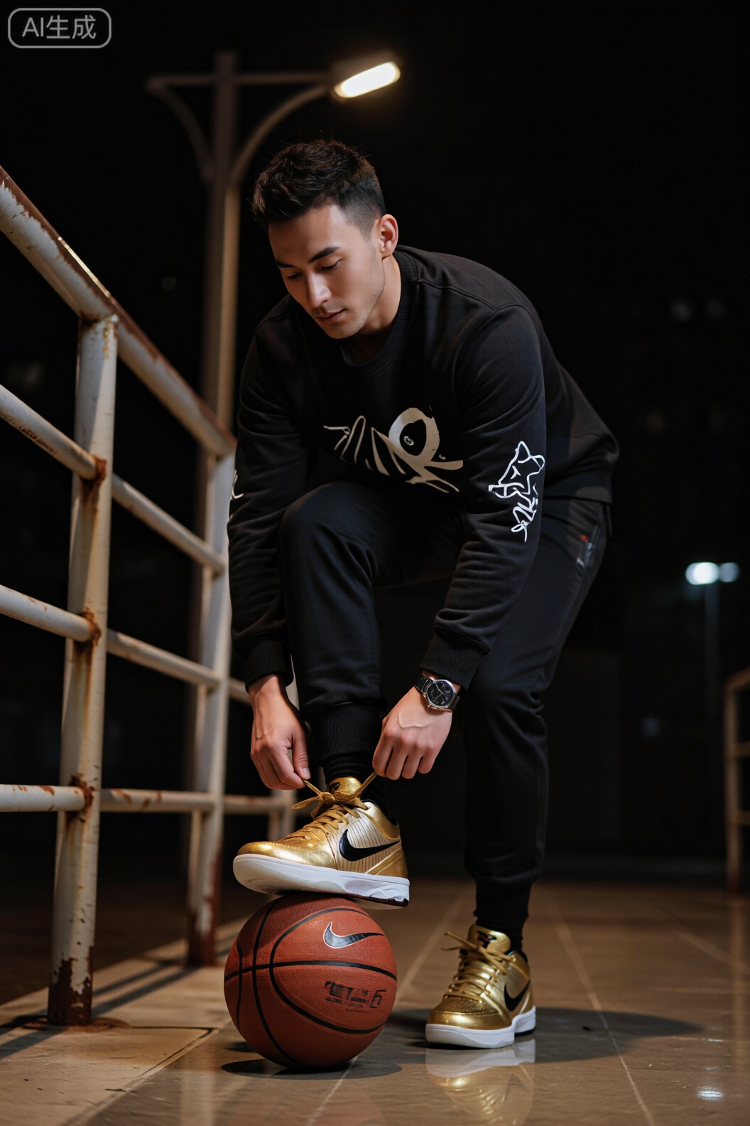 男性写真,主体：男性系鞋带时姿态复古优雅,一脚轻踩篮球,神情沉静怀旧；黑色卫衣带复古运动符号,Nike Zoom Kobe 4 Gold的金色鞋身在怀旧氛围中,与脚下篮球的复古棕调形成“现代战靴× 经典运动” 的碰撞,科比战靴设计更显传奇感。场景：中景,背景为年代感露天球场（生锈栏杆、磨损地面）,夜晚暖黄灯光营造老派氛围；前景水泥地面与人物、球鞋、篮球形成“粗犷× 精致” 对比。光线：柔和散光灯（模拟老式路灯）,光线均匀洒下,Nike Zoom Kobe 4 Gold的金色呈现复古金属哑光质感,篮球的棕调也显露出岁月感纹理,卫衣复古印花与肌肤质感柔和。渲染：复古胶片质感,增加颗粒感,强调卫衣复古纹理、肌肤怀旧色调、球鞋金色哑光感与篮球复古纹理。色彩：低饱和暖棕调,卫衣、夜色融复古黄棕,Nike Zoom Kobe 4 Gold的金色因低饱和更沉稳,与篮球棕调呼应,构建怀旧运动色调。构图：经典居中构图,人物、球鞋、篮球构成稳定三角,踩球动作增添动态,金色球鞋为视觉锚点。镜头视角：平视怀旧视角,增强纪实感与情怀代入感。滤镜：「复古博弈」滤镜,降低饱和度,增加黄棕调,模拟老照片质感,保留金色球鞋亮点。摄影参数：尼康Z 9,NIKKOR Z 24-70mm F2.8 S,快门1/320s,光圈f/2.8,焦段35mm,ISO 1200。