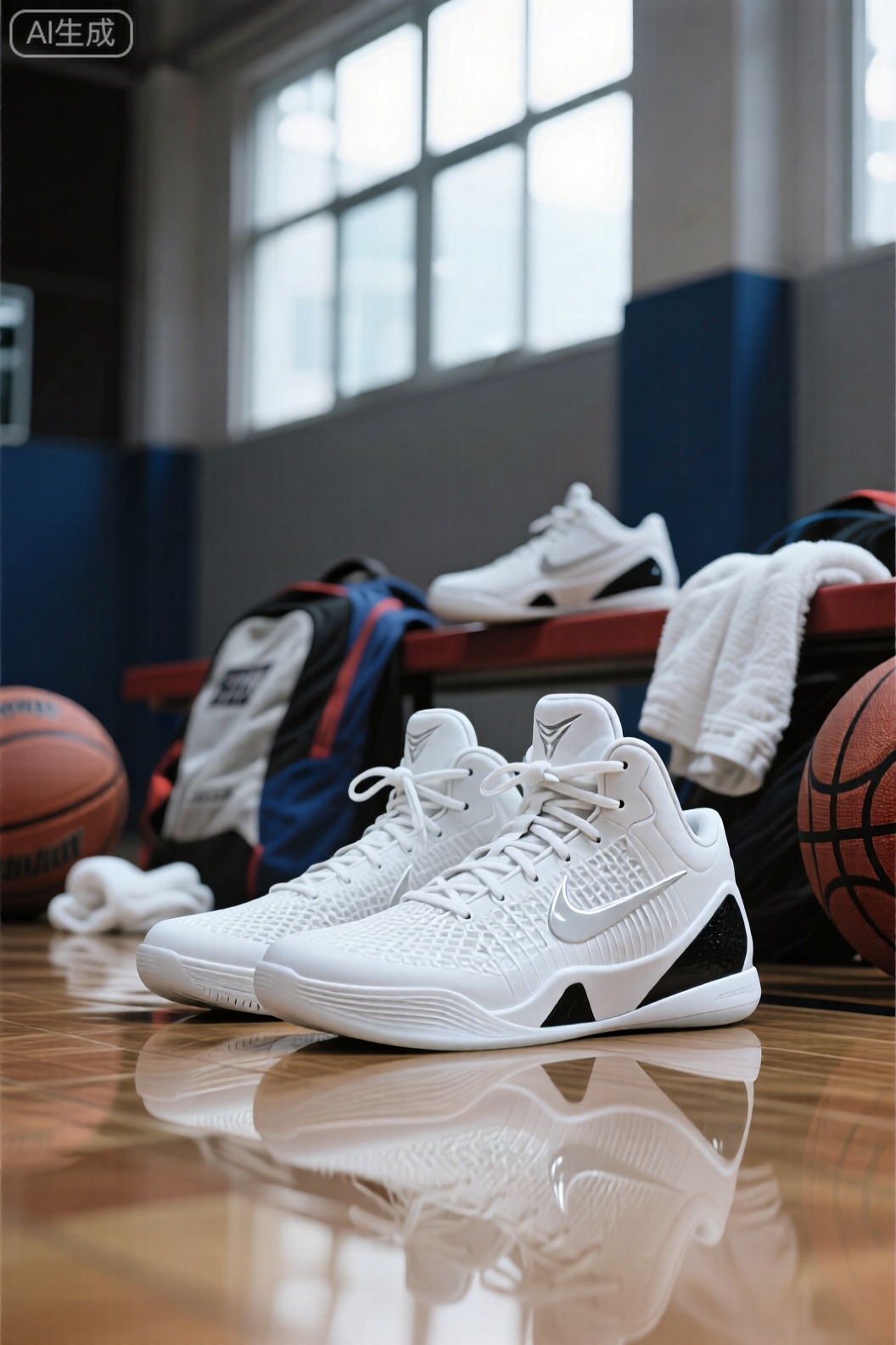 运用纪实摄影写实风格,将Nike Kobe 9 Elite White放置在真实的篮球馆休息区场景中。远景画面里,周围有一些用过的篮球、毛巾和运动背包,营造出浓厚的运动氛围。从窗户透进来的自然光,照亮了整双鞋,白色鞋面在光线下显得格外纯净,鞋身上的Flywire飞线在光影下若隐若现,展现出科技感。 色彩上以白色为主体,搭配周围环境的灰色和蓝色,形成清新自然的色调。构图采用散点构图,鞋子与周围的篮球装备共同构成画面元素,突出鞋子在篮球场景中的重要性。以人眼正常视角拍摄,添加轻微的锐化和对比度调整滤镜,增强画面的清晰度和层次感,让整个画面充满生活气息,传递出篮球运动与这双鞋的紧密联系。