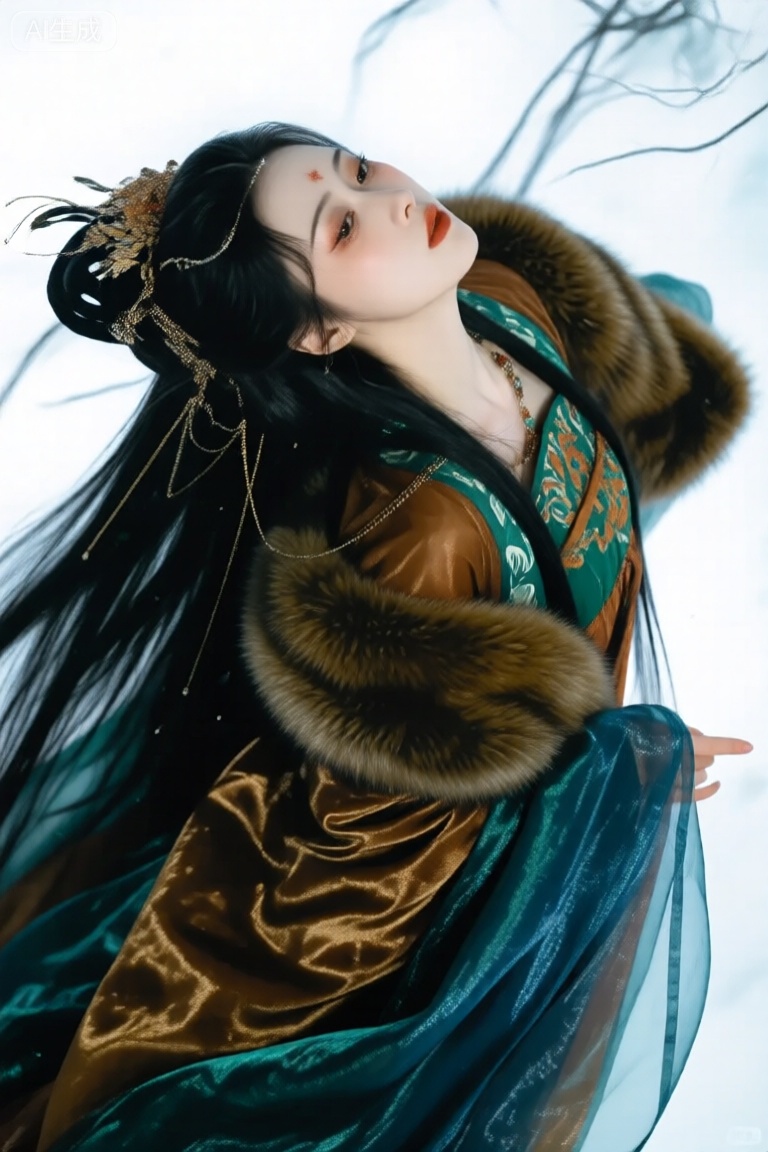 华丽古风人物,动感构图,大写意留白人物特写,从头顶俯瞰,暗色调, 主题枯萎,主色深绿+幽蓝+艾褐+黎色+浅云背景,墨色长发女子纱质+丝绸+丝绒+皮草+珠光纱绸缎般的浓密长发+高光繁复褶皱+华丽饰品和纹理意境深远,空灵,朦胧,迷幻,浪漫,梦幻