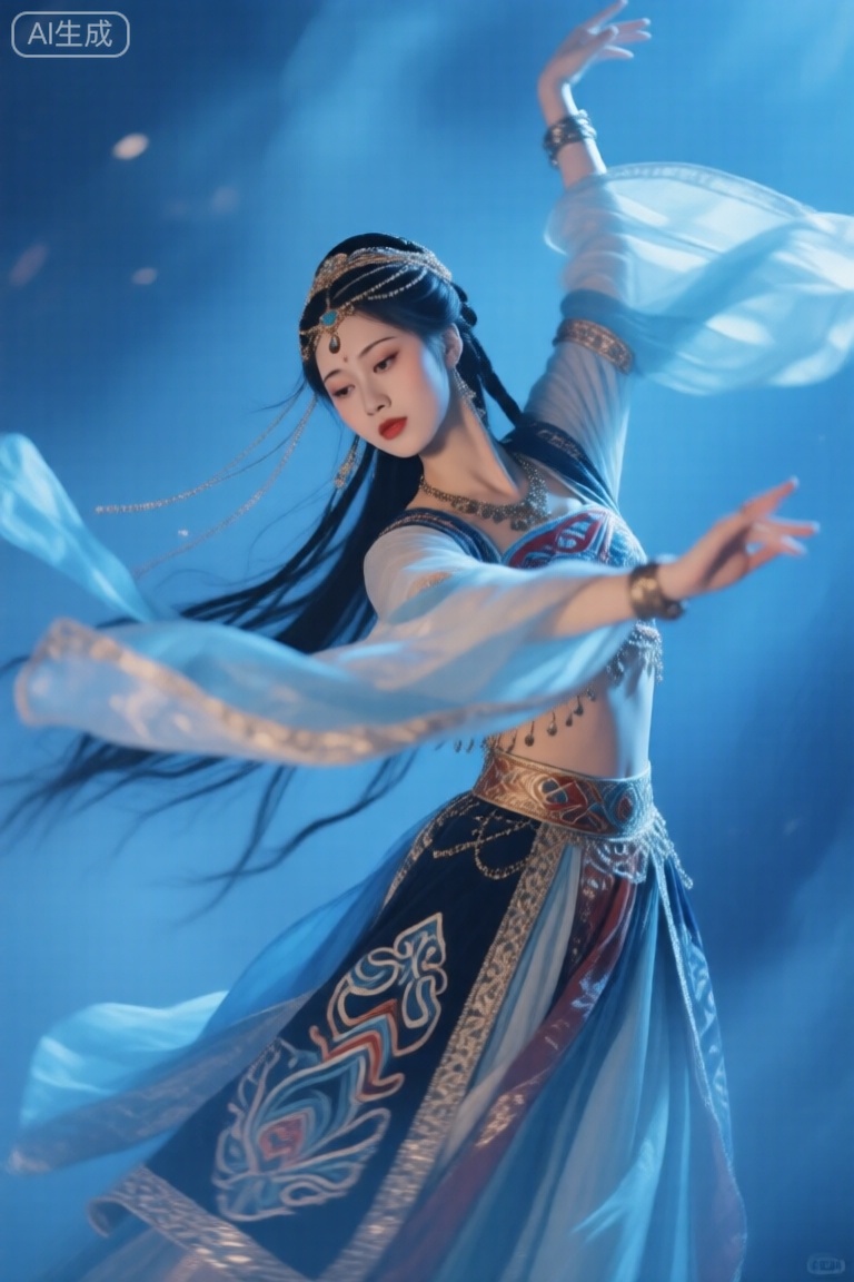 营造朦胧,构图饱满,细节处理细腻,西域传统服饰,清冷,神圣,舞蹈,民族感,压迫感,自由感,画面以蓝色为主,梦幻感,营造出充满故事感氛围的画面。采用动态角度,使画面充满颗粒感,自然感,虚化感。氛围感,面部表情、复杂的肢体动作等都绘制得极为精美,顶级构图