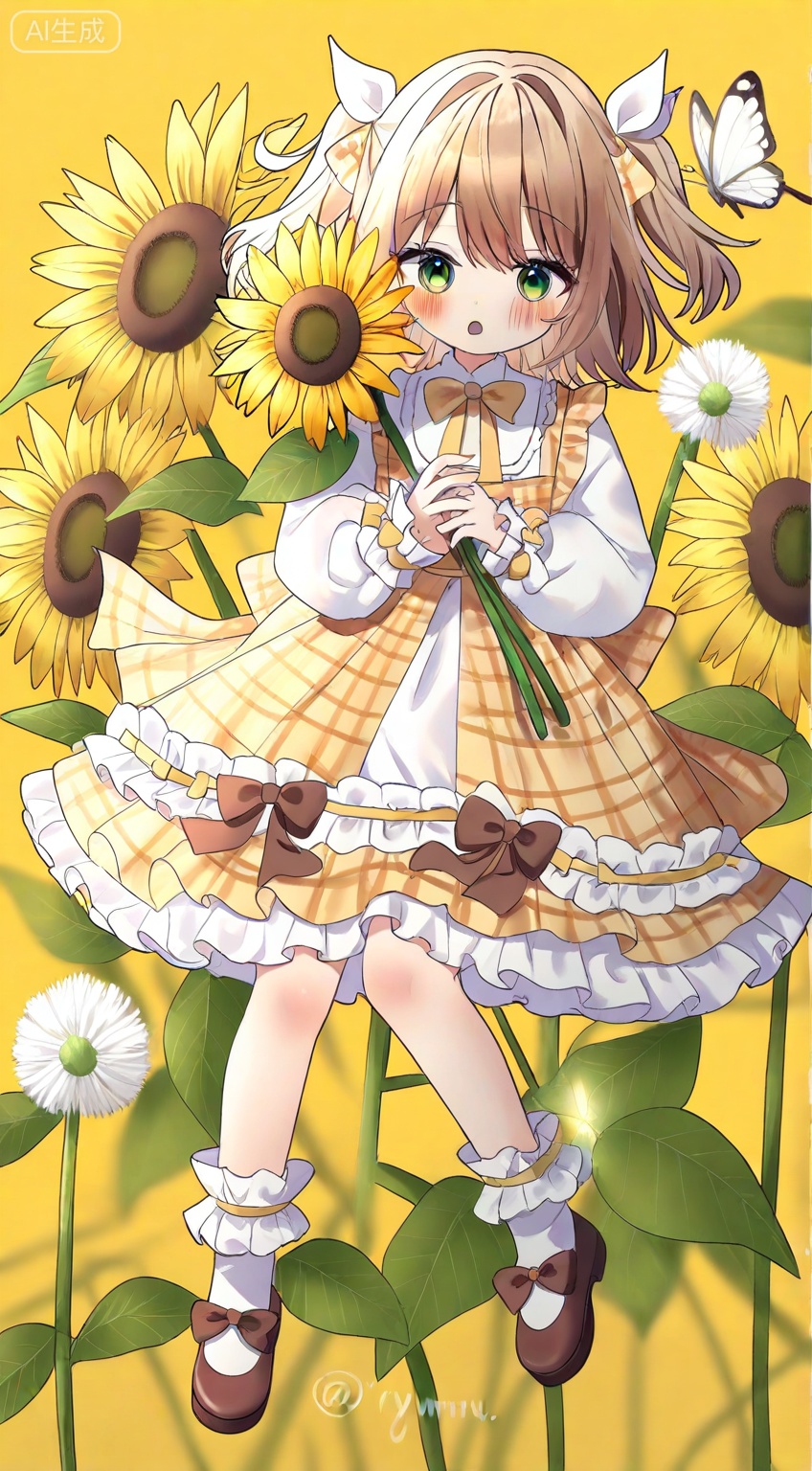 1girl, yunmu, very aware,highres,absurdres,newest,best quality,loli,petite,high quality,chromatic_aberration, //, dandelion, flower, 1girl, bug, solo, yellow flower, butterfly, dress, frills, frilled dress, shoes, socks, holding flower, green eyes, long sleeves, yellow background, yellow dress, frilled socks, yellow bow, white butterfly, mary janes, full body, short hair, bow, white socks, yellow theme, brown footwear, holding, leaf, collared dress, ribbon, brown hair, watermark, looking at viewer, bobby socks, two side up, hair ribbon, puffy long sleeves, artist name, floral background, hair bow, short twintails, dress bow, layered dress, daisy, white dress, lace-trimmed dress, puffy sleeves, plaid, blonde hair, sunflower, ankle socks, white flower, blush, yellow ribbon, plaid dress, yellow butterfly, twintails, open mouth, parted lips, back bow, frilled sleeves, plant, medium dress, lace trim, cross-laced clothes, plaid bow, twitter username, mini person, brown bow, footwear bow, :o, minigirl, yellow bowtie //, artist:rin_yuu,[Artist:DIno:0.5],artist:lazuri7,(artist:yunikon:0.3),(artist:quasarcake:0.3),artist:glutton_(18152740927lx),artist:shuu_illust,Artist:rhasta,say_hana,Artist:junpaku karen, //, illustration,ultra detailed,hdr,Depth of field,(colorful),phenomenal aesthetic,detailed light,Blurred picture,hdr,Tyndall effect,contrast,depth of field,cinematic lighting,extremely detailed,High Detail,Tyndall Effect,, masterpiece, newest