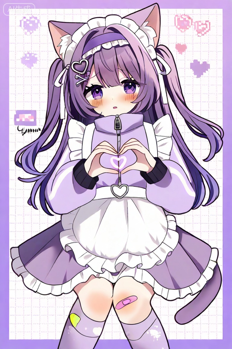1girl, yunmu, cyan color, white theme,1girl, animal ear fluff, animal ears, apron, bandaid, bandaid on knee, bandaid on leg, blush, border, cat ears, cat girl, feet out of frame, four-finger heart hands, frilled apron, frilled hairband, frilled skirt, frills, grid background, hair ornament, hairband, heart, heart hair ornament, heart hands, jacket, jersey maid, kneehighs, long hair, long sleeves, looking at viewer, maid, outside border, parted lips, pill, purple border, purple eyes, purple hair, purple hairband, purple jacket, purple skirt, purple socks, signature, sitting, skirt, socks, solo, track jacket, two side up, unconventional maid, white apron, white background, x hair ornament, masterpiece, newest