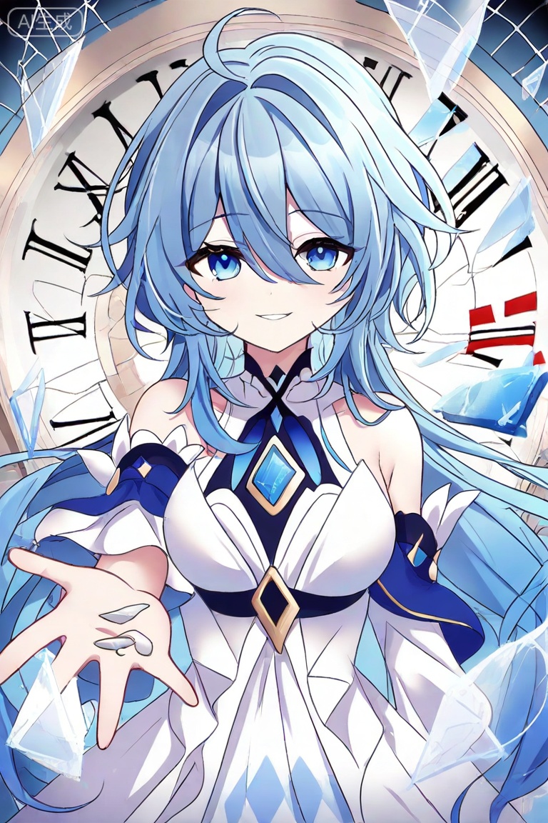 1girl, yunmu, Nai3 style,HG2512,line art,Nai3 style,HG2512,masterpiece,best quality,very aesthetic, ASIC0601CYQL,line art,ASIC0601CYQL,line art,masterpiece,best quality,very aesthetic,,extremely delicate and beautiful,Noise and grain,huge filesize,amazing quality,clear lines,chromatic_aberration,colorful,((ASCII art)),argyle_background,Mezzotint,vector,ethereal,glitch art,looking_at_viewer,foreshortening,illustration, 1girl, solo, long hair, breasts, looking at viewer, smile, bangs, blue eyes, dress, hair between eyes, bare shoulders, very long hair, blue hair, ahoge, parted lips, sleeveless, white dress, sleeveless dress, clock, glass, reaching towards viewer, broken glass, shards, masterpiece, newest