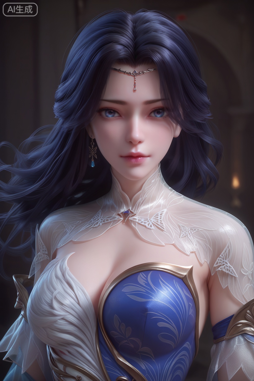 score_9,score_8_up,score_7_up,SkinHairDetail,zPDXL,very attractive,Expressiveh,realistic skin,score_9,score_8_up,score_9,score_8_up,1 girls,high cold face,yujie,perfect round large,breasts,jewelry,beautiful eyes,detailed eyes,lips,blue dress,blue hair,closed mouth,colored skin,detached sleeves,forehead mark,long hair,looking at viewer,nvdi,