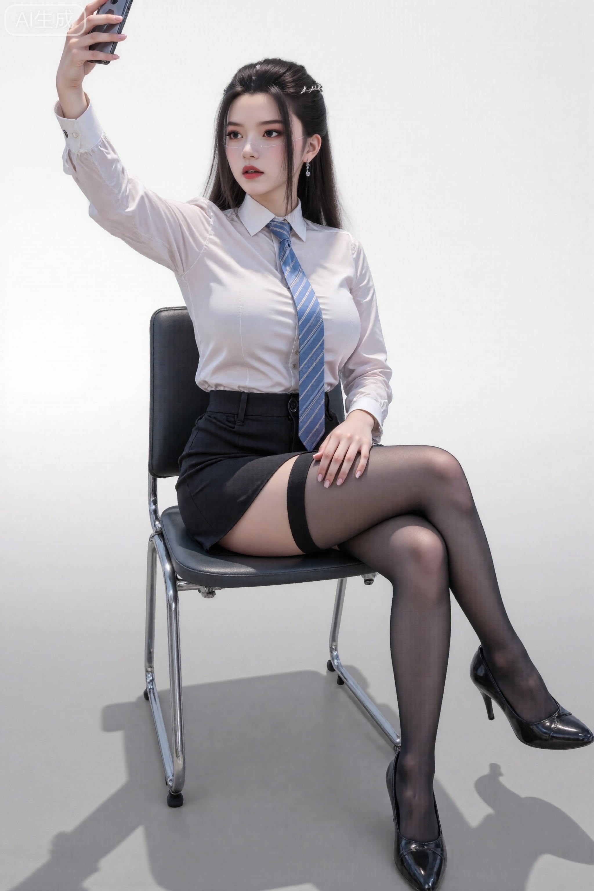 ,siwataozhuang,1girl,solo,high heels,sitting,necktie,phone,black hair,shirt,long hair,selfie,holding phone,white shirt,skirt,pencil skirt,cellphone,thighhighs,crossed legs,breasts,striped necktie,pantyhose,smartphone,holding,black footwear,chair,collared shirt,black skirt,large breasts,blue necktie,full body,long sleeves,garter straps,high-waist skirt,office lady,black thighhighs,miniskirt,4,
cover,simple background,gradient background,close-up details,outstanding style,adding a touch of dimension to your images without compromising details,close-up,,lvjing,,baoshi,.,楚月婵,低角度拍摄（新）