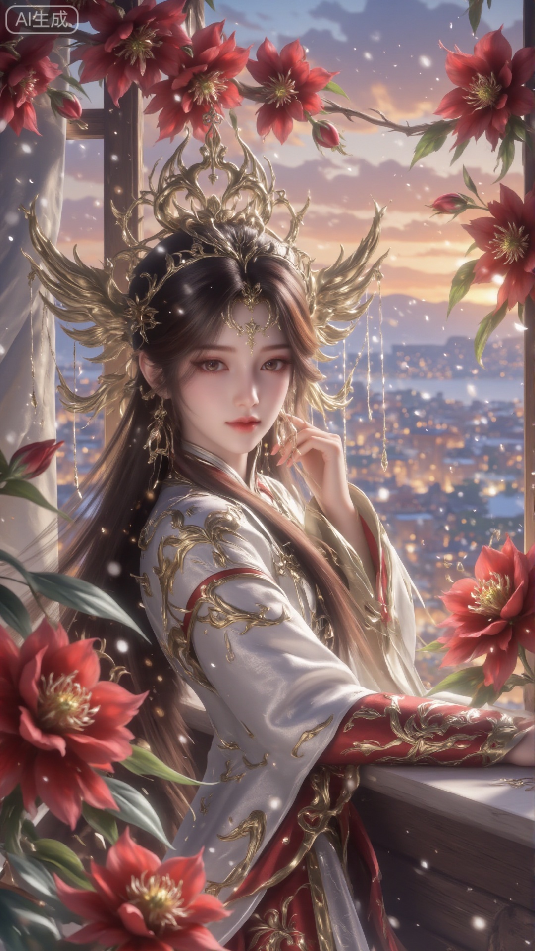 This painting depicts a quiet scene, in which a woman in traditional clothes leans her head against the window sill. Her clothes are decorated with exquisite floral patterns, and she has elegant long brown hair. The background is the soft ethereal light through the window, and the red peony is in full bloom, creating a quiet and dreamy atmosphere.