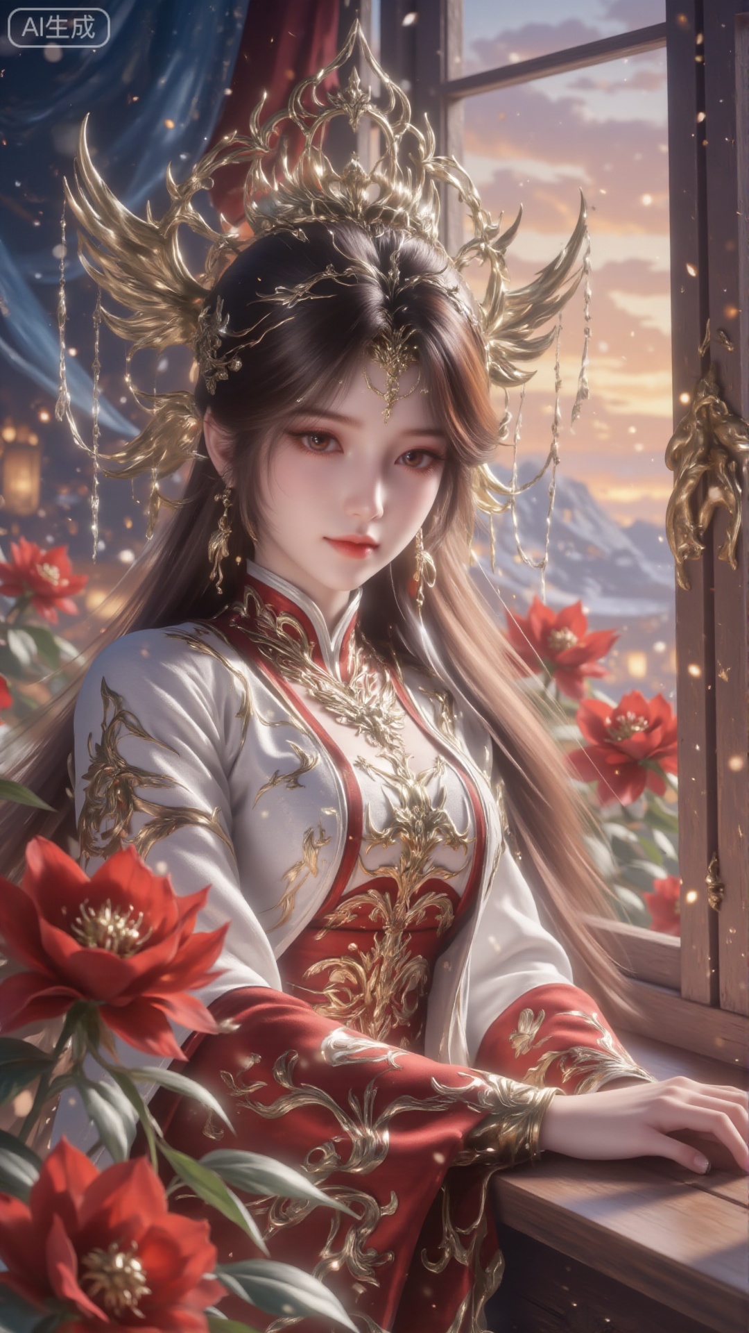 This painting depicts a quiet scene, in which a woman in traditional clothes leans her head against the window sill. Her clothes are decorated with exquisite floral patterns, and she has elegant long brown hair. The background is the soft ethereal light through the window, and the red peony is in full bloom, creating a quiet and dreamy atmosphere.