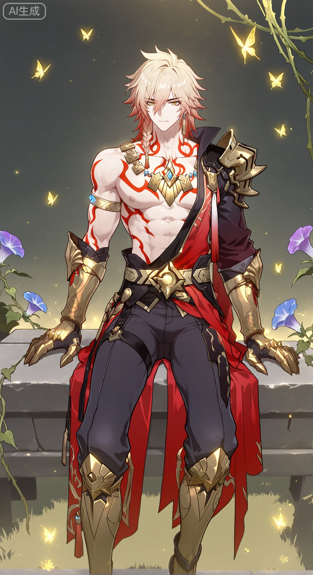 xiao zhi tiao,(artist:mazjojo:0.77), (artist:pigeon666:0.70), (artist:zawar379:0.83), (artist:remsrar:0.65), (artist:chimmyming:0.72),masterpiece,best quality,male focus,hd,4kamazing quality,very aesthetic,bust,high resolution,ultra-detailed,perfect lighting,volumetric lighting,,xiaozhitiao,

 BREAK,,(masterpiece, best quality, absurdres,  
1boy, gentle smile, slightly torn white linen tunic, toned abdomen, bare feet, sitting on mossy stone bench,  
lush ferns, baby's breath, climbing roses, morning glory vines, dewdrop-covered grass, butterflies,  
soft diffused light, pastel green and pink hues, ethereal haze, delicate petal textures,  
idyllic freshness, peaceful atmosphere,  Wheat colored skin,





BREAK,,Small note art style,mydei (honkai: star rail),Mydei,blonde hair,red hair,gradient hair,medium hair,hair between eyes,braid  eyeliner,yellow eyes,1boy,single braid,red tattoo,black coat,gold earrings,open coat,armlet,single pauldron,clawed gauntlets,black pants,alternate costume,red cape,collared shirt,white shirt,black shirt