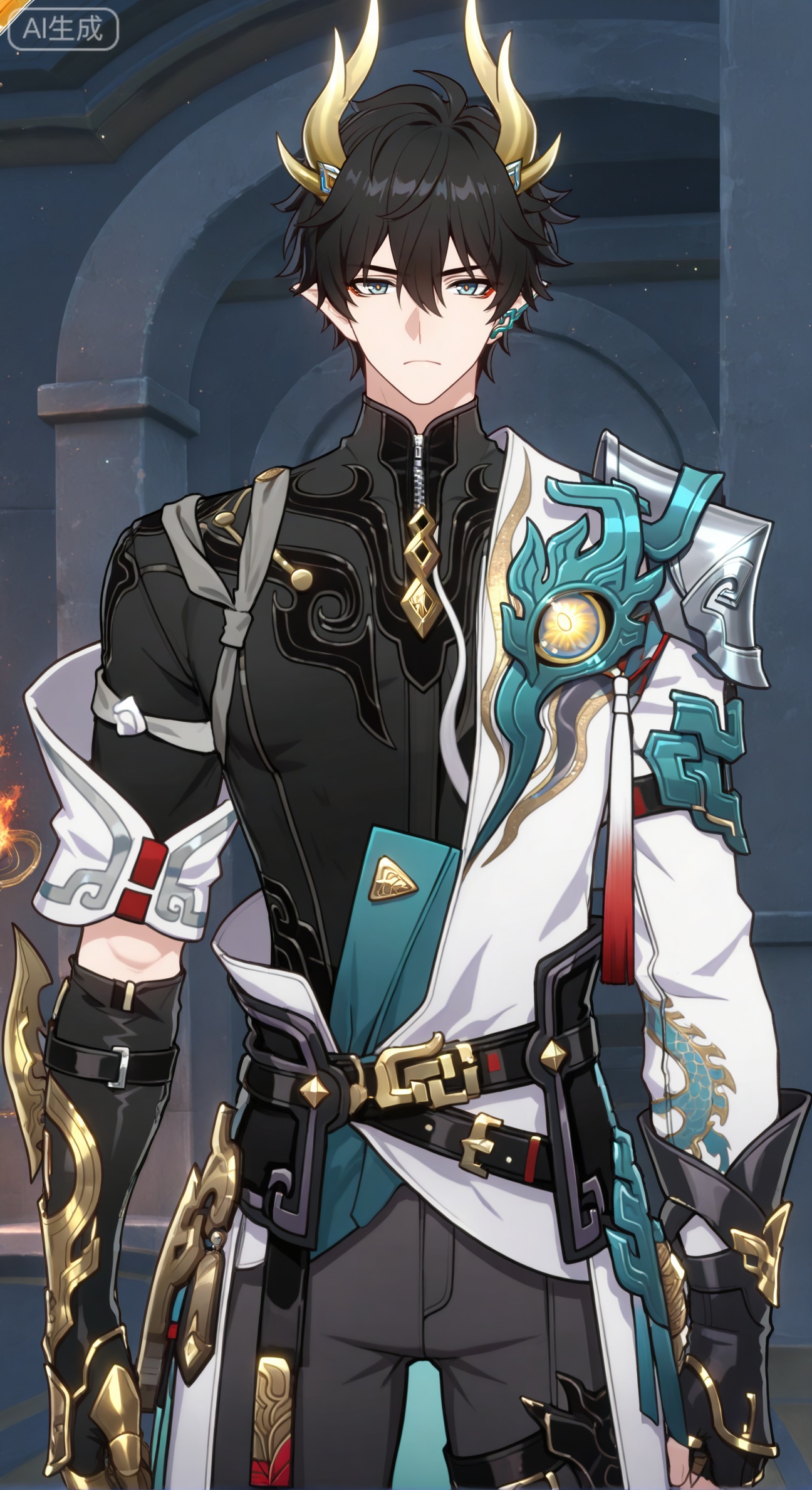 xiao zhi tiao,(artist:mazjojo:0.77), (artist:pigeon666:0.70), (artist:zawar379:0.83), (artist:remsrar:0.65), (artist:chimmyming:0.72),masterpiece,best quality,male focus,hd,4kamazing quality,very aesthetic,bust,high resolution,ultra-detailed,perfect lighting,volumetric lighting,,xiaozhitiao,

 BREAK,,((masterpiece, best quality, (absurdres, 8k, ultra-detailed:1.2), male focus, 1boy, solo, upper_body, collarbone, indoors,

BREAK,

(a handsome bishounen with a cool, indifferent attitude, wearing simple daily clothes:1.4),

BREAK,

(clothing: wearing a plain white t-shirt under a slightly oversized, unzipped blue hoodie (hood is down)),

BREAK,

(accessories: a cute, pink star-shaped hair clip holds back some of his bangs:1.6), (a colorful, chunky keychain with multiple cute charms is attached to the zipper of his hoodie:1.5),

BREAK,

(expression: frown, closed_mouth, looking at the viewer with a bored, "don't talk to me" expression:1.7),

BREAK,

(background: a simple, minimalist room or against a plain wall, emphasizing the character and his accessories).





BREAK,,Small note art style,dan heng \(permansor terrae\) \(honkai: star rail\),dan heng \(honkai: star rail\),white shirt,gauntlets,zipper,spear,black boots,knee boots,gray eyes,leg loops,green dragon tail,black tight fitting clothes,dragon horns,fingerless gloves,pants,belt,boots,ponytail,long sleeves,long hai,ear covers,piercing,earclip