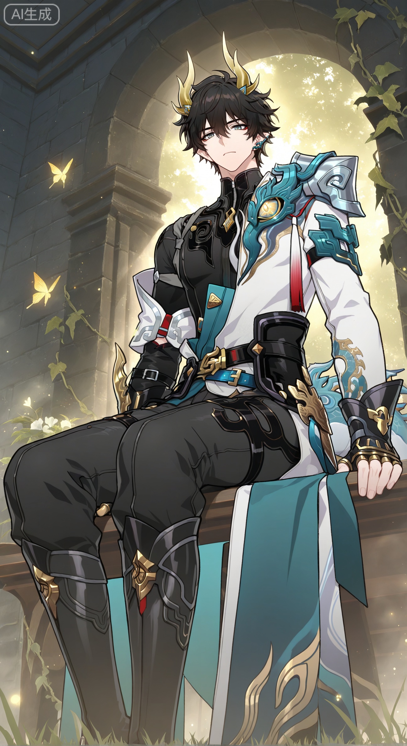 xiao zhi tiao,(artist:mazjojo:0.77), (artist:pigeon666:0.70), (artist:zawar379:0.83), (artist:remsrar:0.65), (artist:chimmyming:0.72),masterpiece,best quality,male focus,hd,4kamazing quality,very aesthetic,bust,high resolution,ultra-detailed,perfect lighting,volumetric lighting,,xiaozhitiao,

 BREAK,,(masterpiece, best quality, absurdres,  
1boy, gentle smile, slightly torn white linen tunic, toned abdomen, bare feet, sitting on mossy stone bench,  
lush ferns, baby's breath, climbing roses, morning glory vines, dewdrop-covered grass, butterflies,  
soft diffused light, pastel green and pink hues, ethereal haze, delicate petal textures,  
idyllic freshness, peaceful atmosphere,  Wheat colored skin,





BREAK,,Small note art style,dan heng \(permansor terrae\) \(honkai: star rail\),dan heng \(honkai: star rail\),white shirt,gauntlets,zipper,spear,black boots,knee boots,gray eyes,leg loops,green dragon tail,black tight fitting clothes,dragon horns,fingerless gloves,pants,belt,boots,ponytail,long sleeves,long hai,ear covers,piercing,earclip