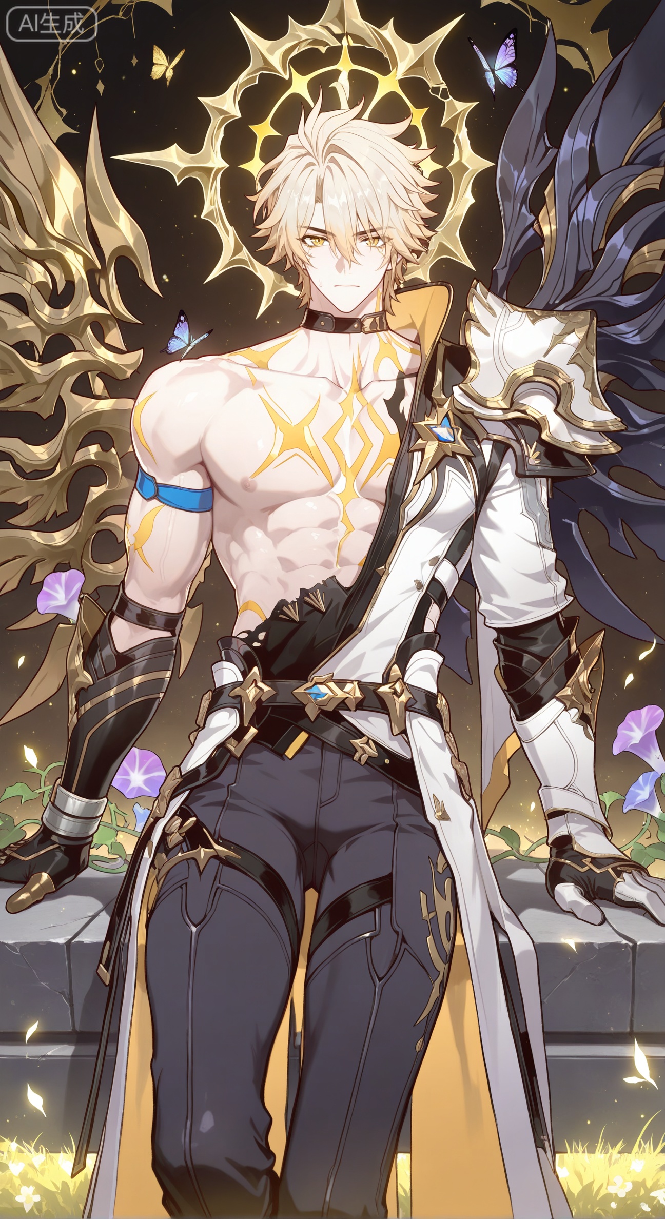 xiao zhi tiao,(artist:mazjojo:0.77), (artist:pigeon666:0.70), (artist:zawar379:0.83), (artist:remsrar:0.65), (artist:chimmyming:0.72),masterpiece,best quality,male focus,hd,4kamazing quality,very aesthetic,bust,high resolution,ultra-detailed,perfect lighting,volumetric lighting,,xiaozhitiao,

 BREAK,,(masterpiece, best quality, absurdres,  
1boy, gentle smile, slightly torn white linen tunic, toned abdomen, bare feet, sitting on mossy stone bench,  
lush ferns, baby's breath, climbing roses, morning glory vines, dewdrop-covered grass, butterflies,  
soft diffused light, pastel green and pink hues, ethereal haze, delicate petal textures,  
idyllic freshness, peaceful atmosphere,  Wheat colored skin,





BREAK,,Small note art style,phainon \(khaslana\) \(honkai: star rail\),armour,halo,multiple wings,wings,hair between eyes,golden eyes,heterochromia,abs,toned male,crying with eyes open,yellow wings,asymmetrical wings,black wings,collarbone,pectoral cleavage,cracked skin,halo behind head,sun tattoo,sun symbol,yellow blood,neck tattoo,looking at viewer,short hair,blonde hair,1boy,closed mouth,yellow eyes,male focus,armor