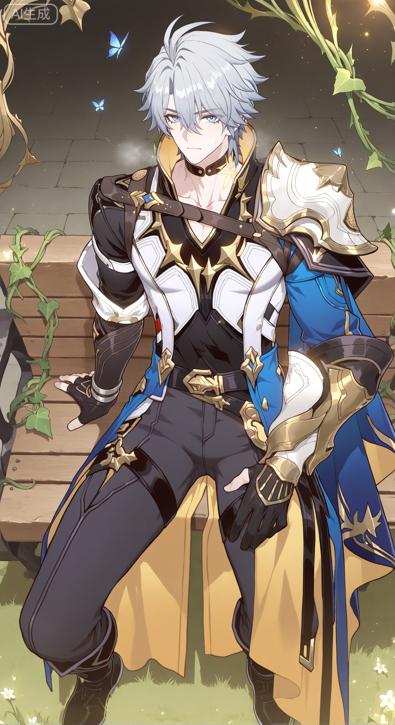 xiao zhi tiao,(artist:mazjojo:0.77), (artist:pigeon666:0.70), (artist:zawar379:0.83), (artist:remsrar:0.65), (artist:chimmyming:0.72),masterpiece,best quality,male focus,hd,4kamazing quality,very aesthetic,bust,high resolution,ultra-detailed,perfect lighting,volumetric lighting,,xiaozhitiao,

 BREAK,,(masterpiece, best quality, absurdres,  
1boy, gentle smile, slightly torn white linen tunic, toned abdomen, bare feet, sitting on mossy stone bench,  
lush ferns, baby's breath, climbing roses, morning glory vines, dewdrop-covered grass, butterflies,  
soft diffused light, pastel green and pink hues, ethereal haze, delicate petal textures,  
idyllic freshness, peaceful atmosphere,  Wheat colored skin,





BREAK,,Small note art style,phainon \(honkai: star rail\),phainon,blue eyes,short hair,ahoge,hair between eyes,neck tattoo,blue cape,white hair,1boy,solo,looking at viewer,bangs,shirt,gloves,closed mouth,standing,full body,grey hair,male focus