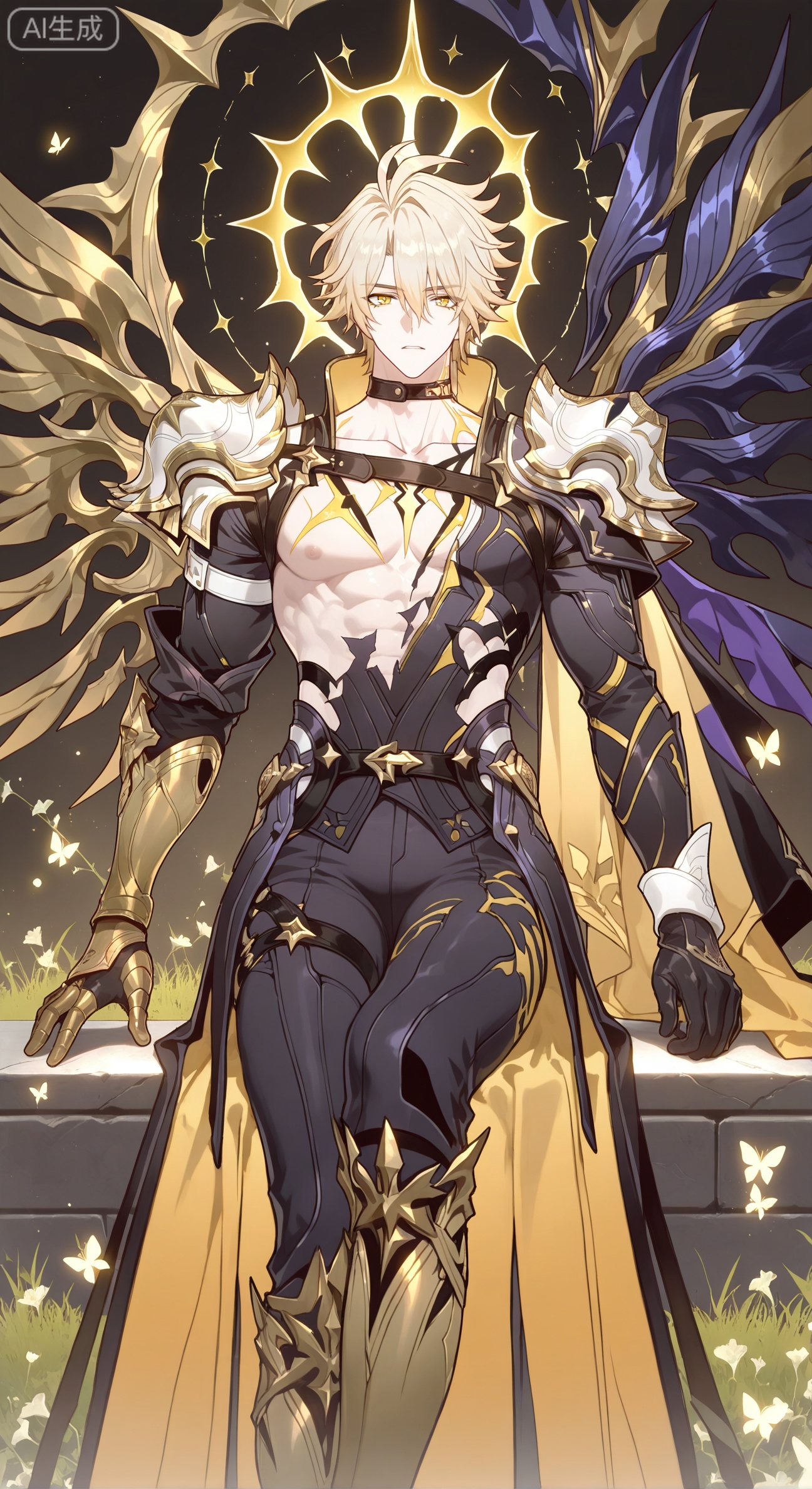 xiao zhi tiao,(artist:mazjojo:0.77), (artist:pigeon666:0.70), (artist:zawar379:0.83), (artist:remsrar:0.65), (artist:chimmyming:0.72),masterpiece,best quality,male focus,hd,4kamazing quality,very aesthetic,bust,high resolution,ultra-detailed,perfect lighting,volumetric lighting,,xiaozhitiao,

 BREAK,,(masterpiece, best quality, absurdres,  
1boy, gentle smile, slightly torn white linen tunic, toned abdomen, bare feet, sitting on mossy stone bench,  
lush ferns, baby's breath, climbing roses, morning glory vines, dewdrop-covered grass, butterflies,  
soft diffused light, pastel green and pink hues, ethereal haze, delicate petal textures,  
idyllic freshness, peaceful atmosphere,  Wheat colored skin,





BREAK,,Small note art style,phainon \(khaslana\) \(honkai: star rail\),armour,halo,multiple wings,wings,short hair,golden eyes,blonde hair,phainon \(khaslana\) \(honkai: star rail\)alternate form,heterochromia,abs,toned male,crying with eyes open,yellow wings,asymmetrical wings,black wings,collarbone,pectoral cleavage,cracked skin,halo behind head,sun tattoo,sun symbol,yellow blood,neck tattoo,looking at viewer,bangs,simple background,1boy,hair between eyes,yellow eyes,ahoge,male focus,parted lips,armor,alternate form,phainon \(honkai: star rail\)alternate form